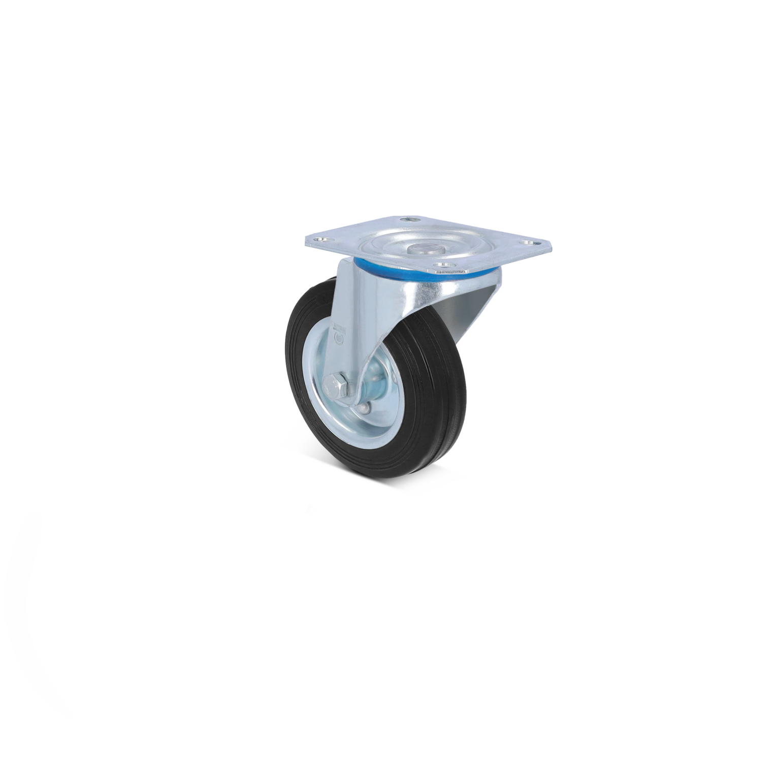 Een zwenkwiel met een metalen montagesteun en rubberen band. Het wiel is zwart met een zilveren bevestigingsplaat. De achtergrond is eenvoudig en neutraal, wat de nadruk legt op het wiel.