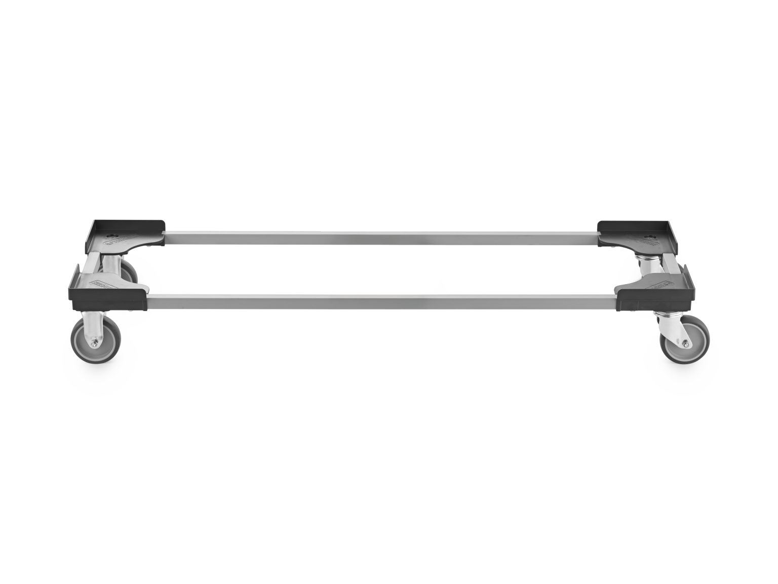 Transport trolley with a rectangular frame made of aluminum, featuring four swivel wheels for mobility. The design is minimalist, centered on functional transport and material handling in industrial settings.