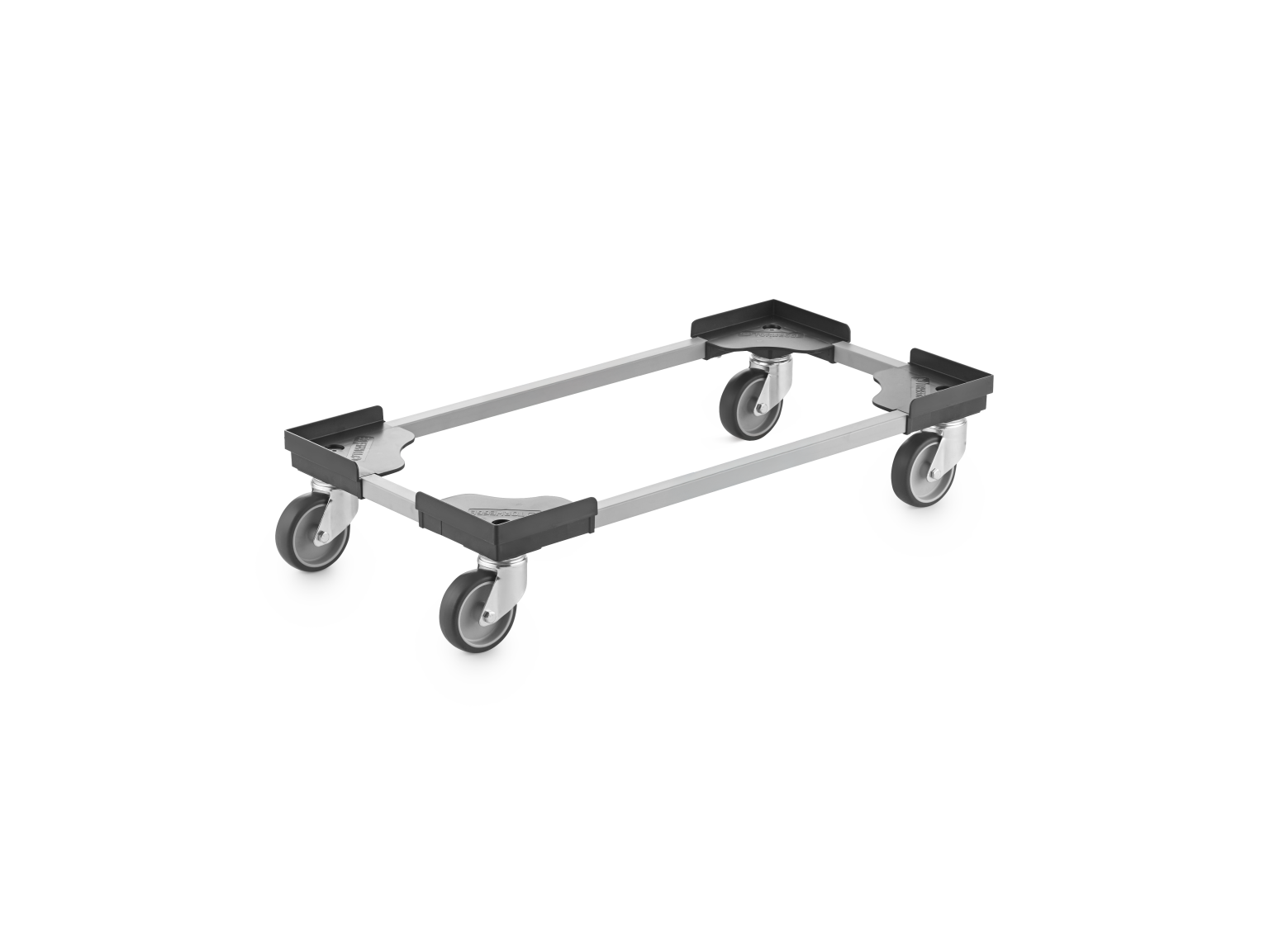 A transport trolley is shown, featuring a rectangular metallic frame with four swivel castors. The trolley is positioned upright, designed for mobility in handling various materials within industrial settings.