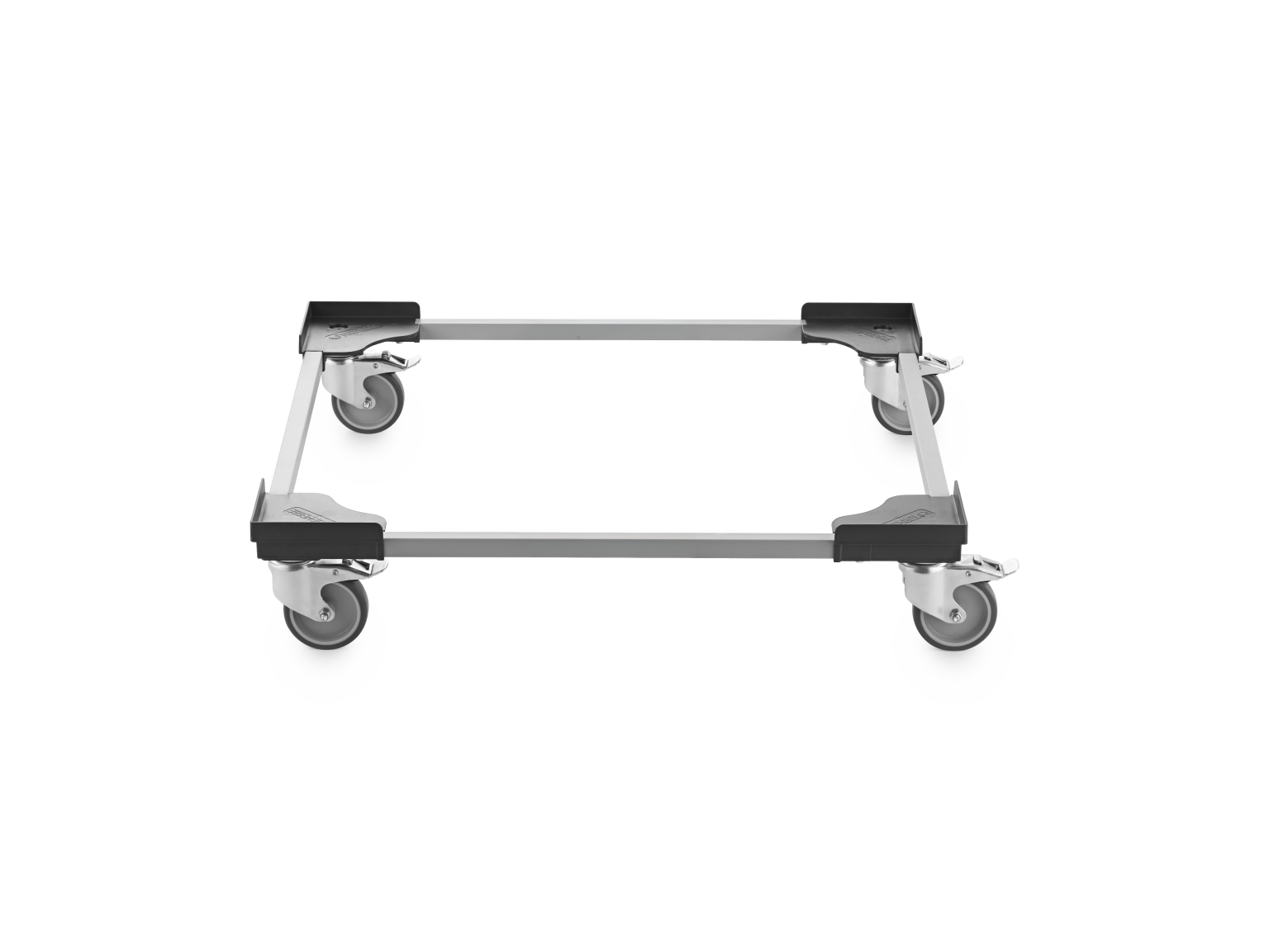 A transport trolley frame with four attached wheels is displayed, featuring a sturdy metal construction and plastic corner mounts. The structure is positioned horizontally against a plain background.