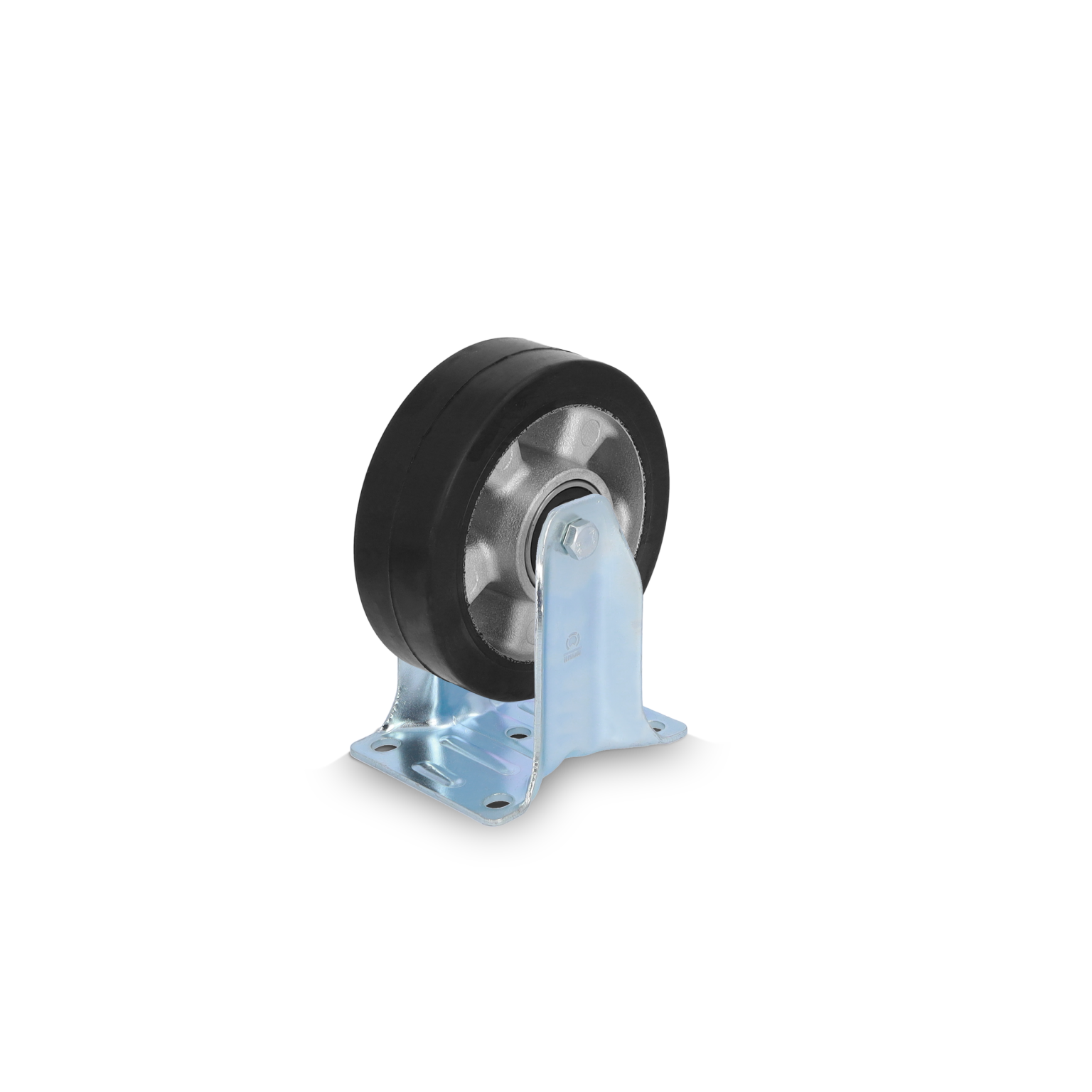 Gummirad mit einer Aluminiumfelge, montiert auf einer metallischen Halterung mit Bohrlöchern. Das Rad ist sichtbar aufrecht positioniert, vor einem schwarzen Hintergrund.