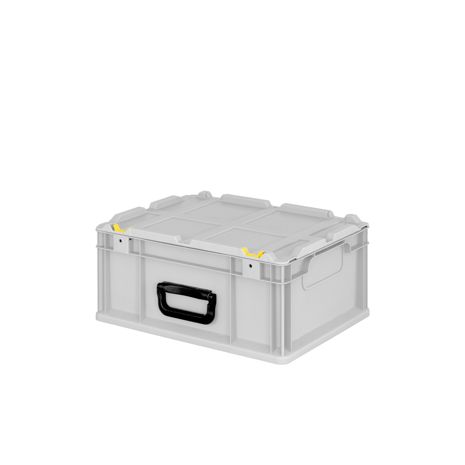 Gray plastic storage box with a black handle and yellow clips for securing the lid. The box features a rectangular shape and a flat top, suitable for stacking in industrial environments.