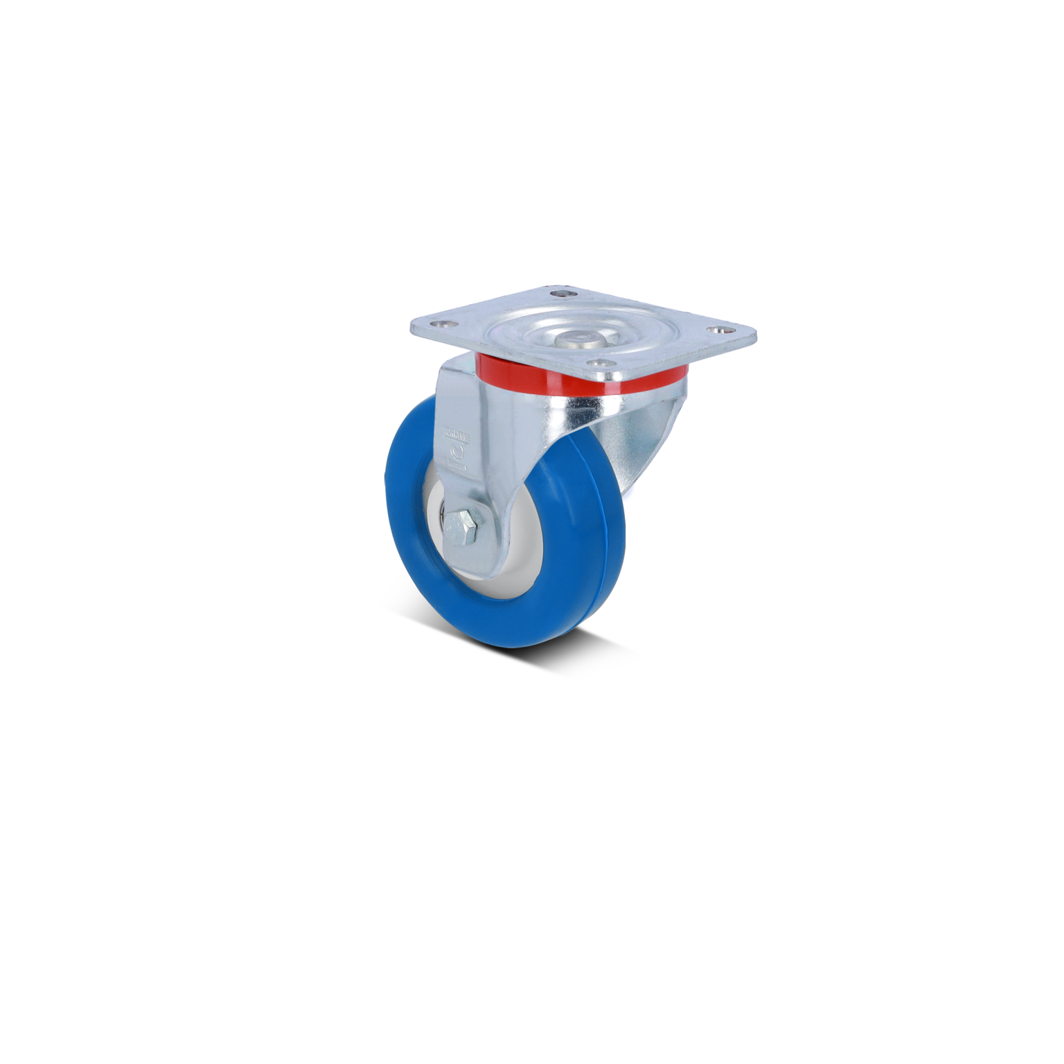 A blue industrial castor wheel features a metal mounting plate with a circular design. The wheel has a central white hub and is mounted on a silver metallic frame, possibly for heavy-duty applications.