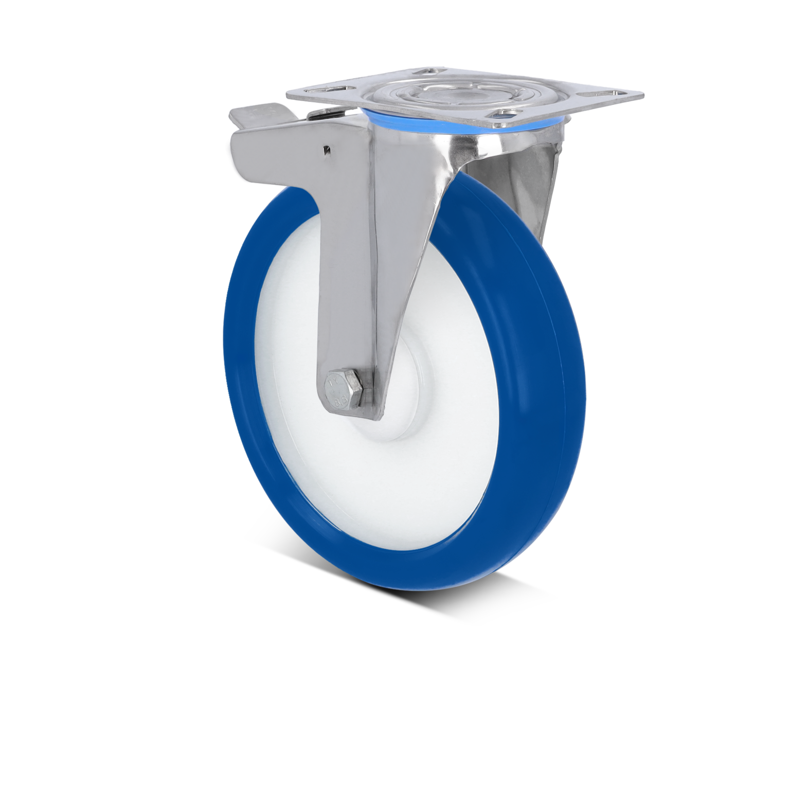 Een blauw rubberen wiel met een metalen bevestigingsplaat. Het wiel is rond en heeft een witte kern. De montagebeugel is aan de bovenkant zichtbaar, met een bevestigingsbout voor installatie.