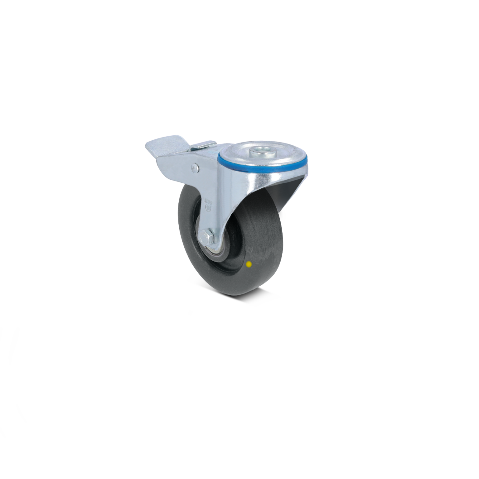 Zwenkwiel met een zwart rubberen wiel en een metalen behuizing. Het heeft een bevestigingsplaat aan de bovenkant en een blauwe ring rond de schijf, geschikt voor materiaalvervoer in een industriële omgeving.