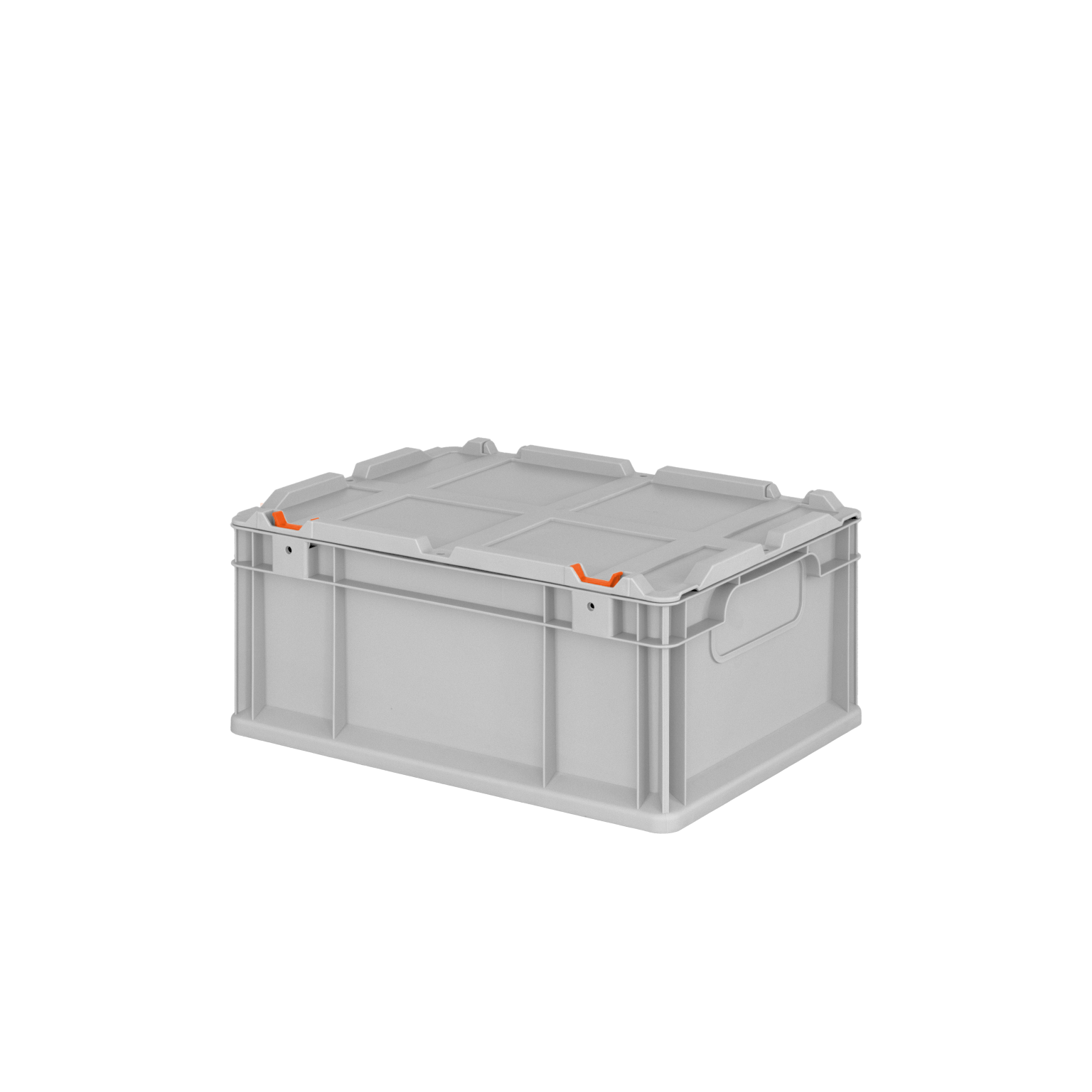 Graue Kunststoffbox mit Deckel, versehen mit orangen Clips zum Verschließen. Sie steht auf einer flachen Oberfläche, umgeben von einem einfarbigen Hintergrund, der nicht näher beschrieben ist.