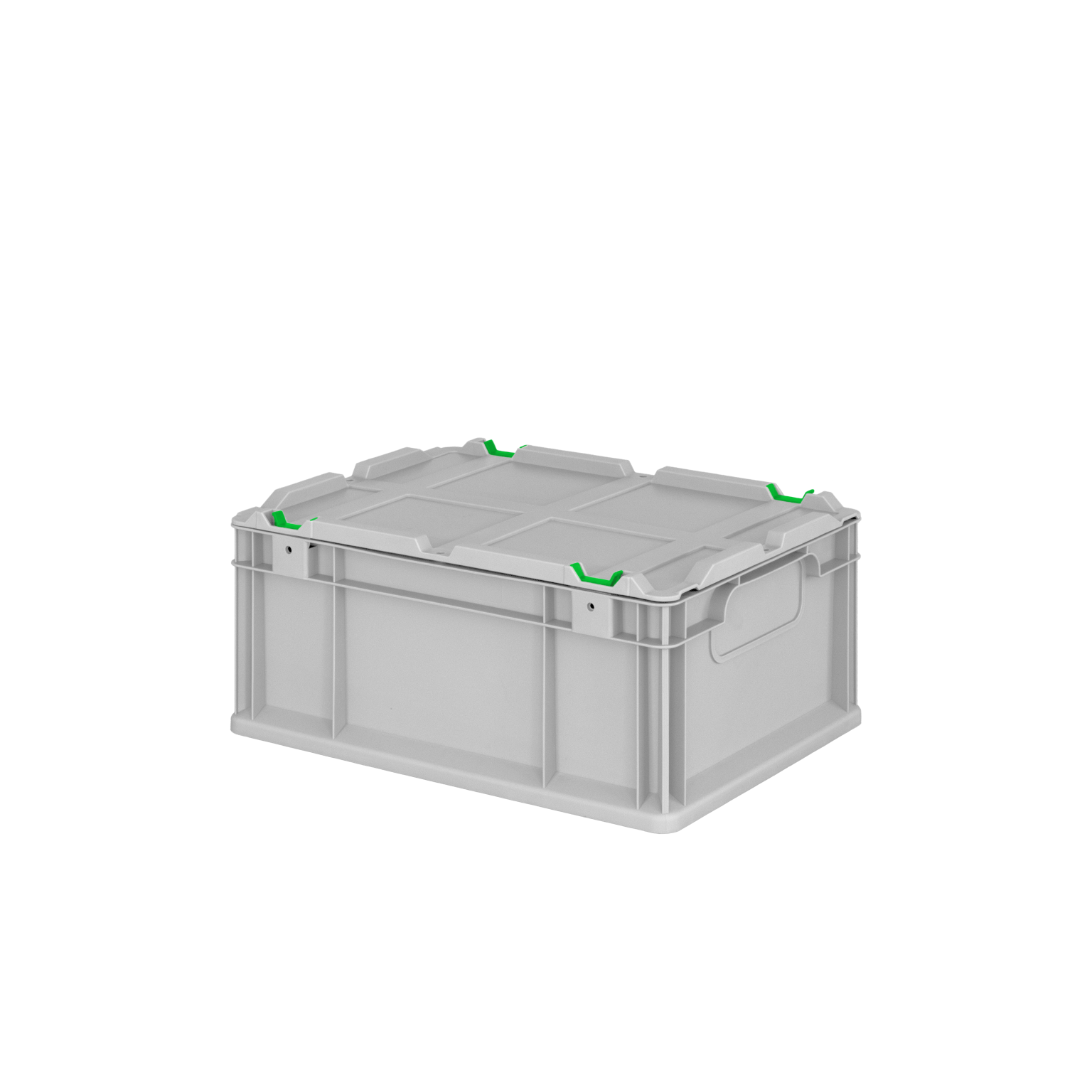 Eine graue Kunststoffbox mit grünen Griffen an den Kanten. Sie hat eine stabile Bauweise und ist so positioniert, dass ihre Seiten und Oberseite sichtbar sind. Der Hintergrund ist schwarz.