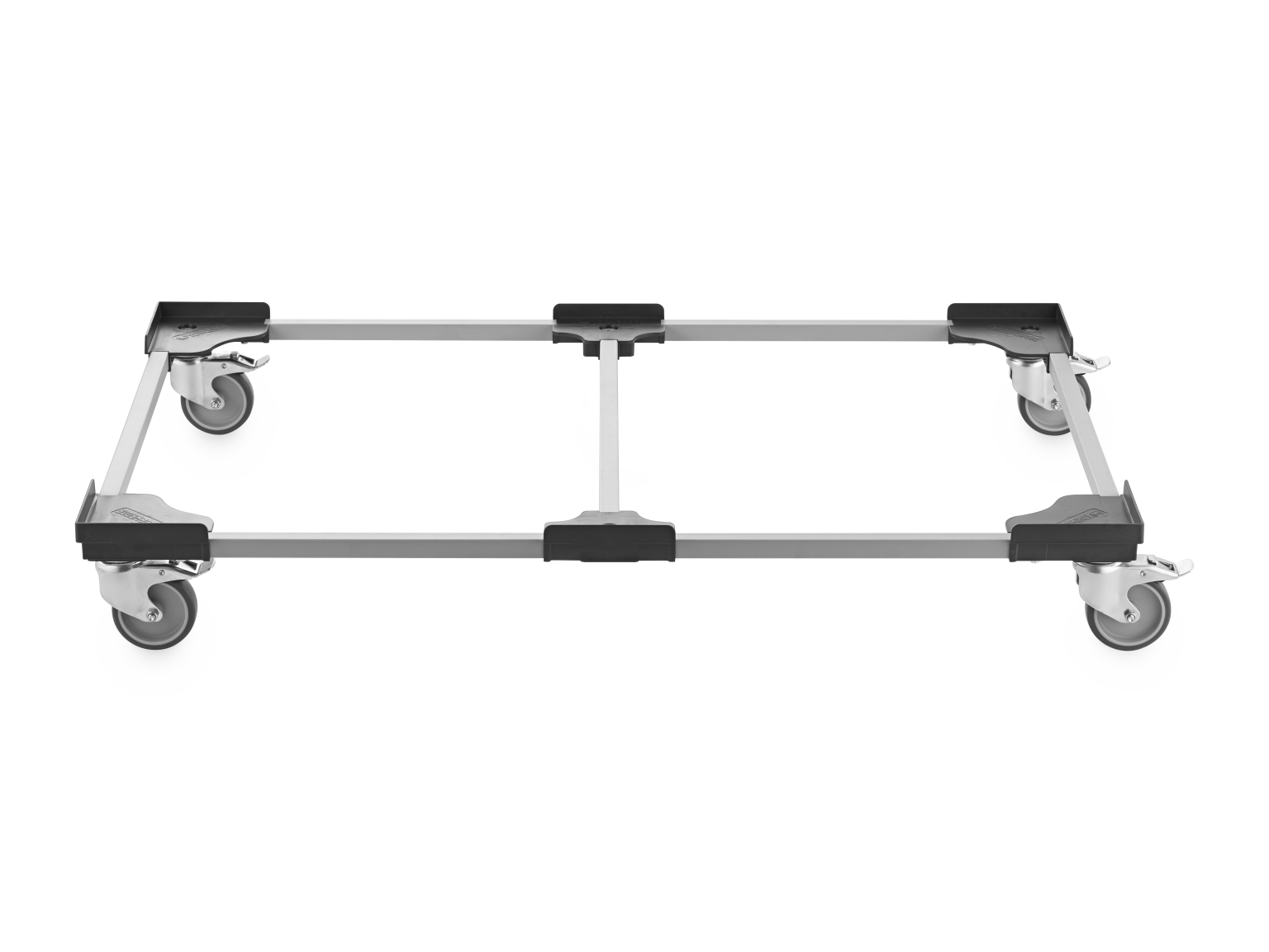 A transport trolley frame with four industrial wheels is centered on a clear background. The frame features sturdy crossbars and corner connectors, indicating a design for mobility in material handling.
