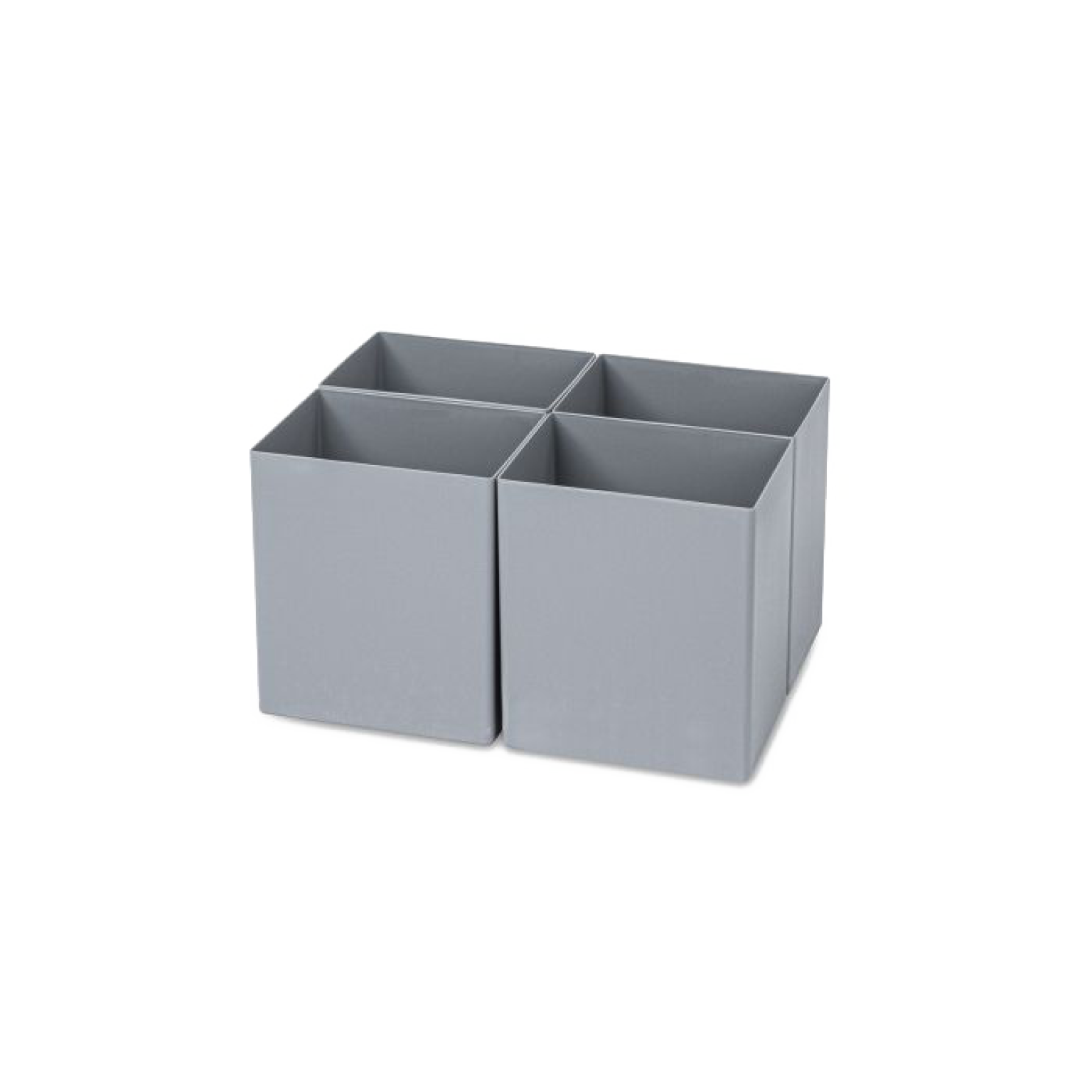 Four gray rectangular storage bins are arranged in a 2x2 configuration. Each bin is open-topped, showcasing a simple, minimalist design suitable for organizing various items in an industrial or office setting.