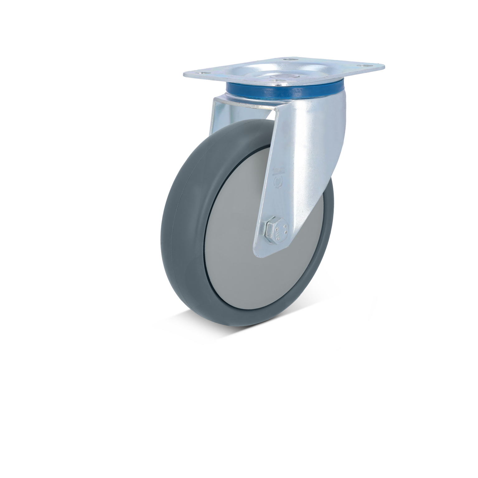 Gray rubber wheel mounted on a metal swivel bracket with a plate for attachment. The wheel is designed for smooth movement, suitable for industrial applications in material handling.