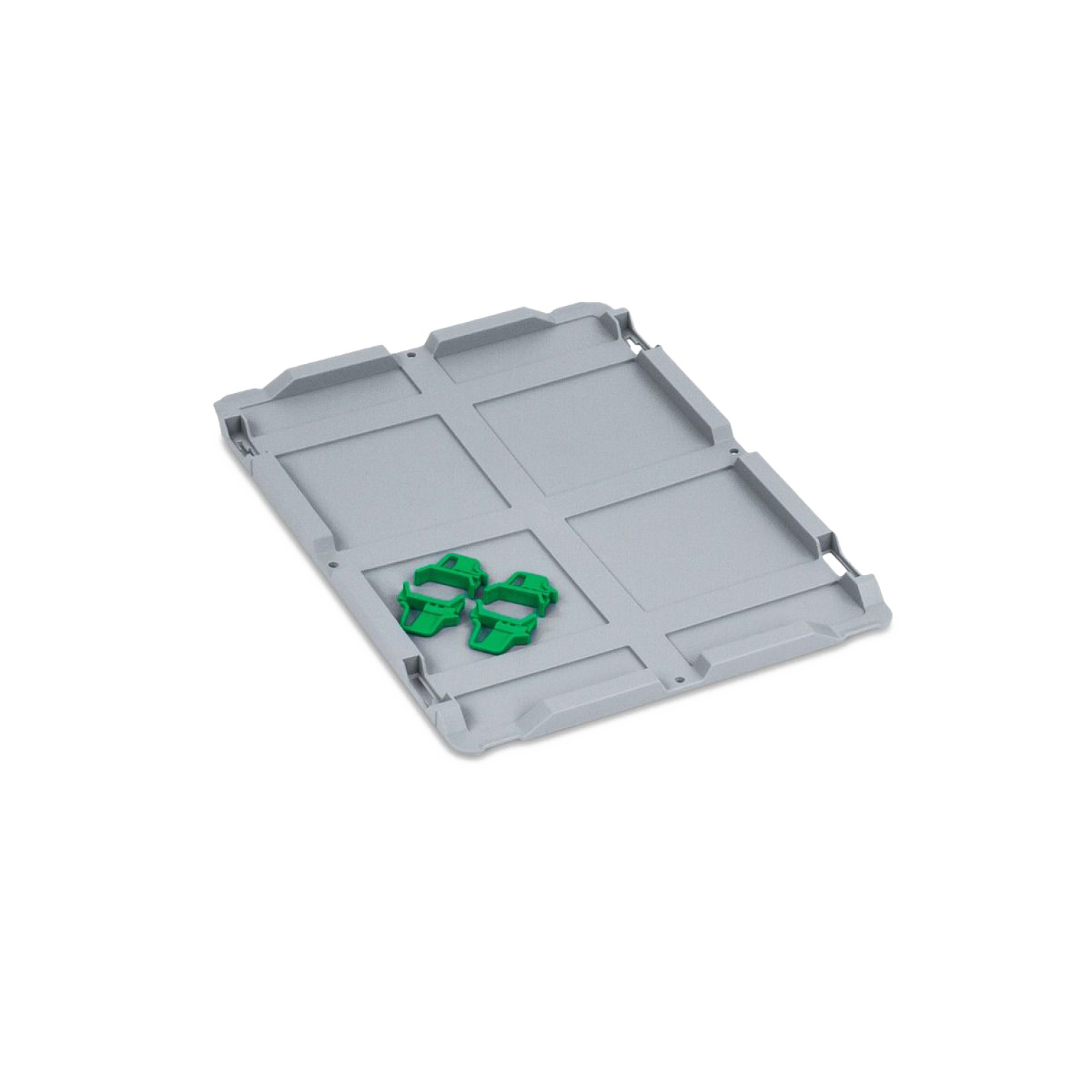 Gray plastic tray with a flat surface, featuring molded sections for stability. Two green plastic clips are positioned on the tray, likely for securing items, set against a plain background.