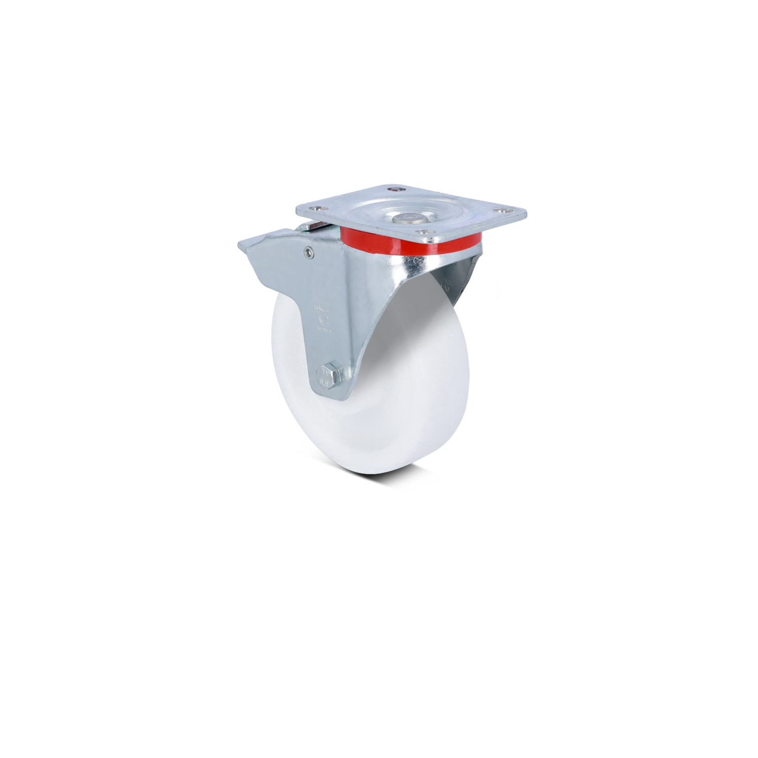 A swivel castor wheel features a white plastic wheel mounted on a metal bracket with a square base plate. The bracket has a shiny chrome finish and includes a red accent ring.