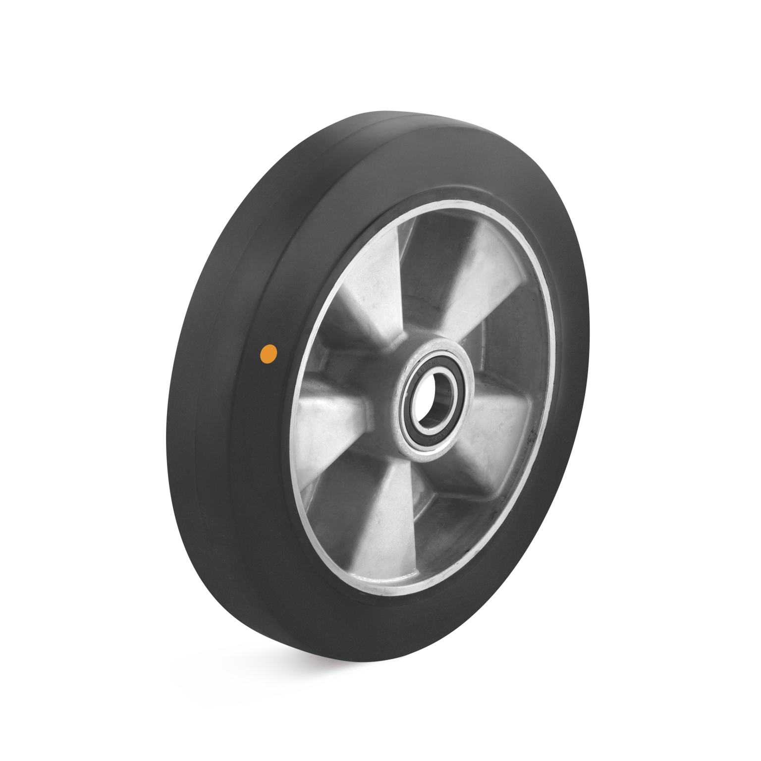 Een industrieel wiel met een zwarte rubberen band en een aluminium velg. Het wiel heeft een centreringsgat en is vrijstaand gepositioneerd op een neutrale achtergrond.