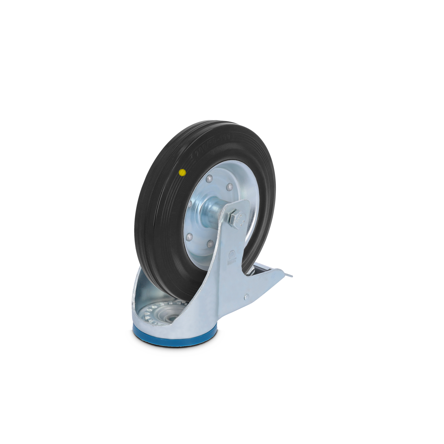 A black rubber wheel is mounted on a silver metal swivel castor. The base features a blue mounting plate, providing stability for equipment movement in an industrial setting.