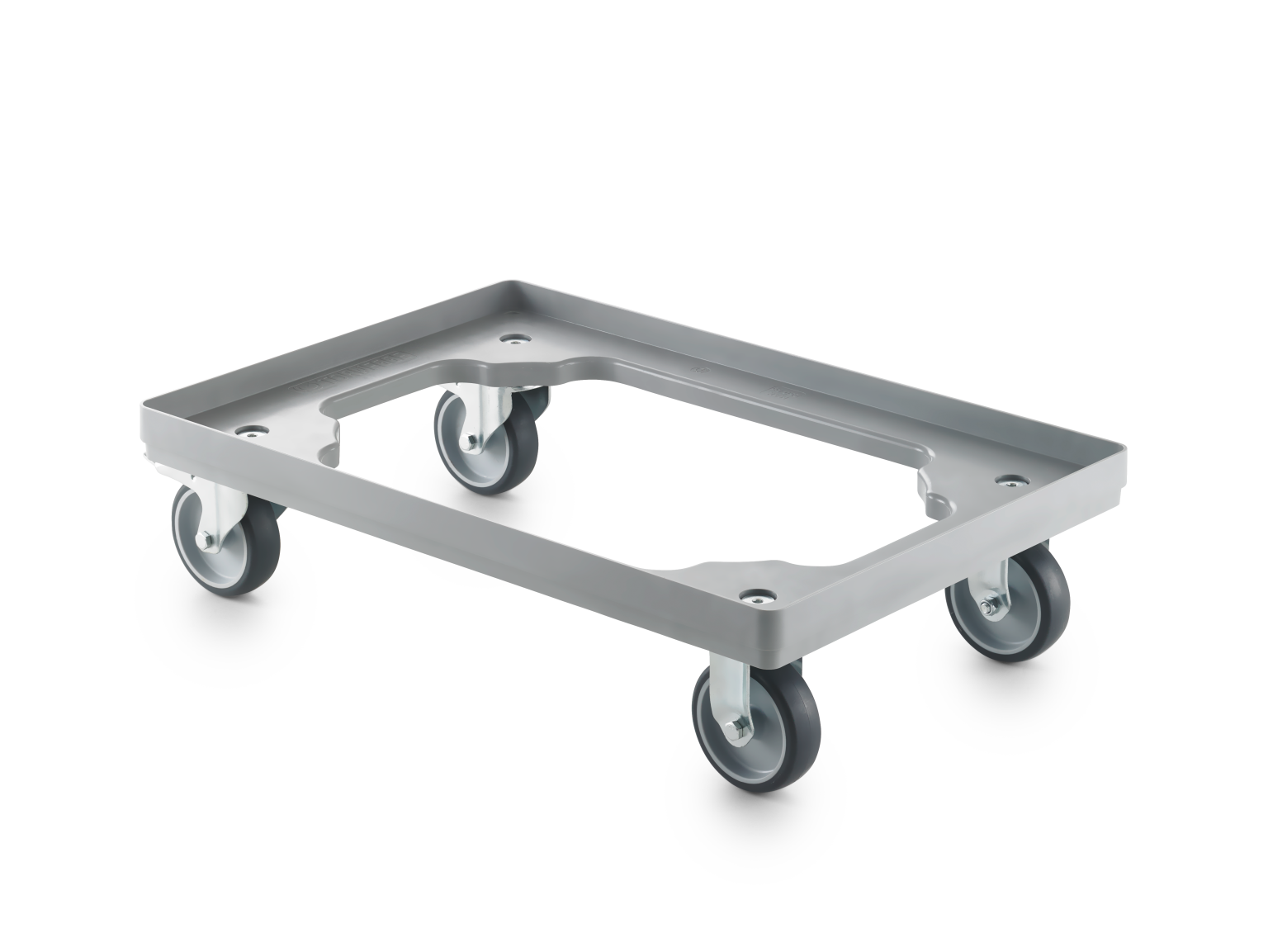 A rectangular transport trolley features a gray metal frame with a raised edge and four swivel castors. It-s designed for mobility and stability in material handling applications.