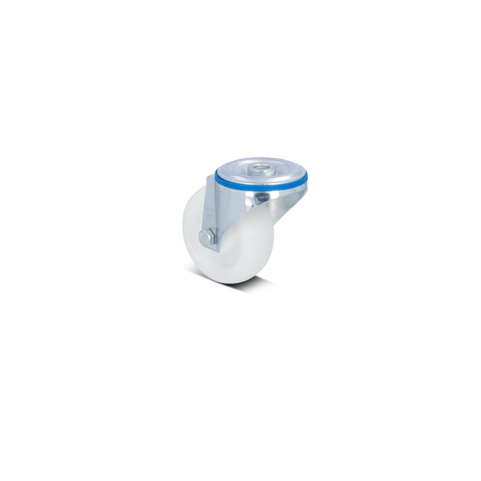 Ein kugeliger, harter, weißer Rollenmechanismus mit einer metallischen Halterung. Der obere Teil hat eine transparente Abdeckung und einen blauen Rand. Der Hintergrund ist schwarz.