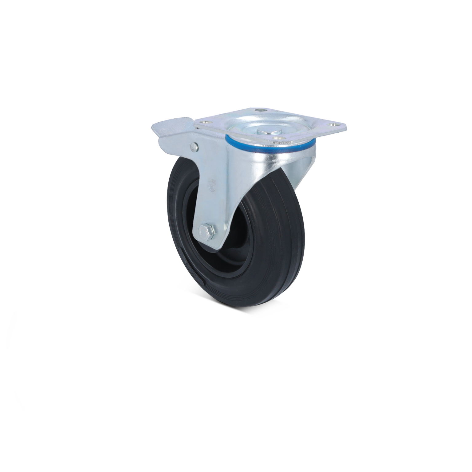Zwenkwiel met een rubberen band en een metalen bevestigingsplaat. Het wiel is zwart met een glanzende metalen beugel, geschikt voor gebruik in industriële omgevingen.