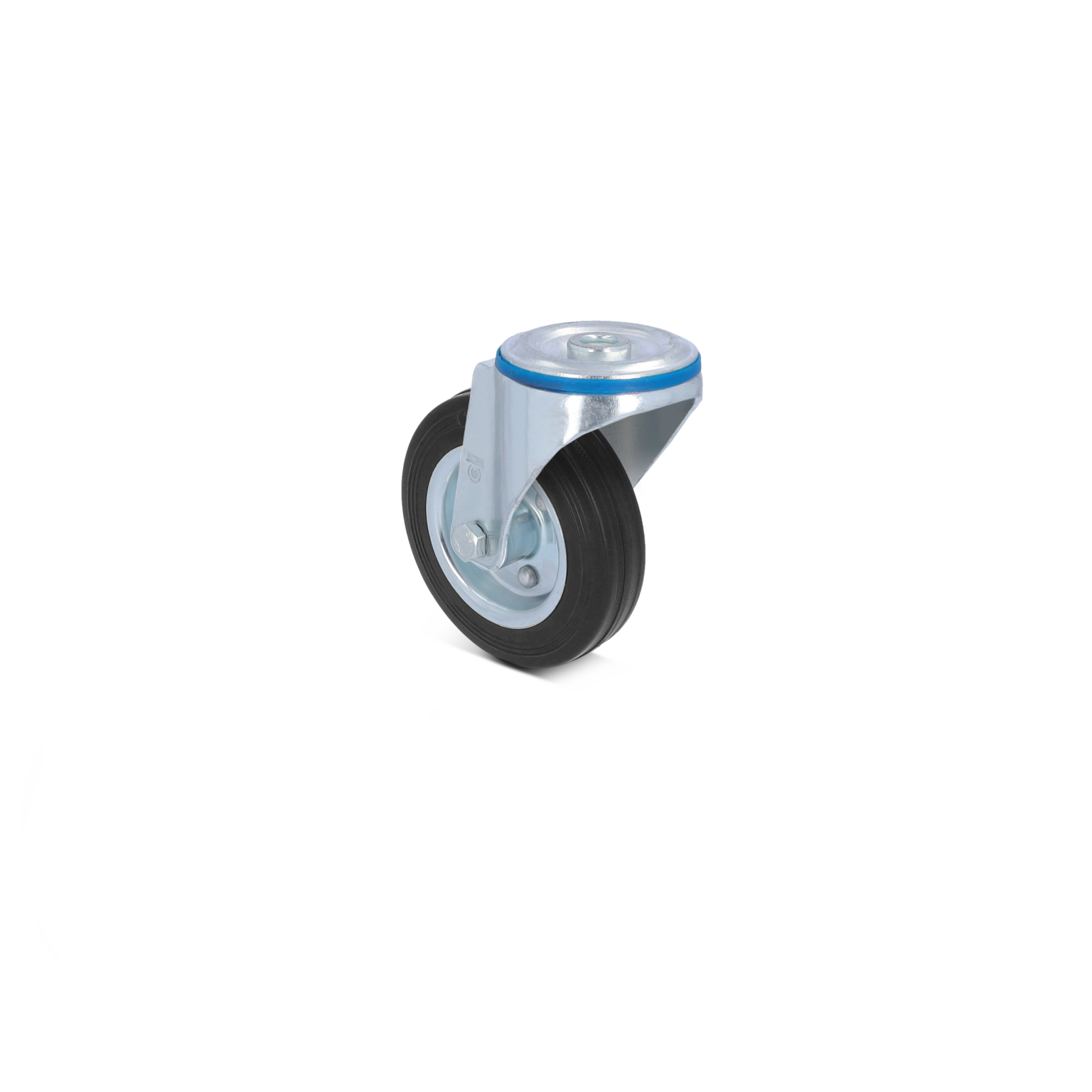 Een industrieel wieltje met een rubberen band en een metalen bevestigingsbeugel. Het wieltje heeft een glanzende afwerking en een blauwe ring aan de bovenkant. De achtergrond is neutraal en onopvallend.