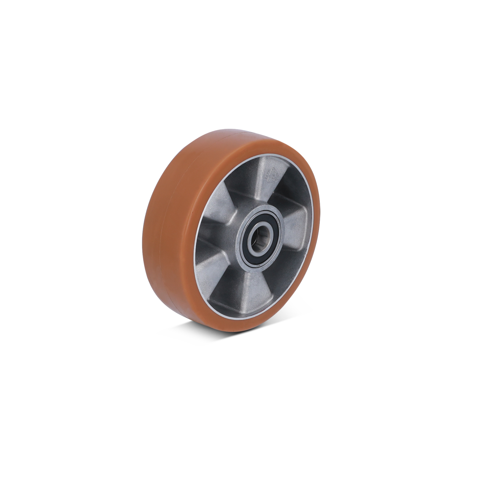 Een industriële wiel met een metalen kern en een bruine rubberen band. Het heeft een centrale lager en staat rechtop, afgebeeld op een neutrale achtergrond.