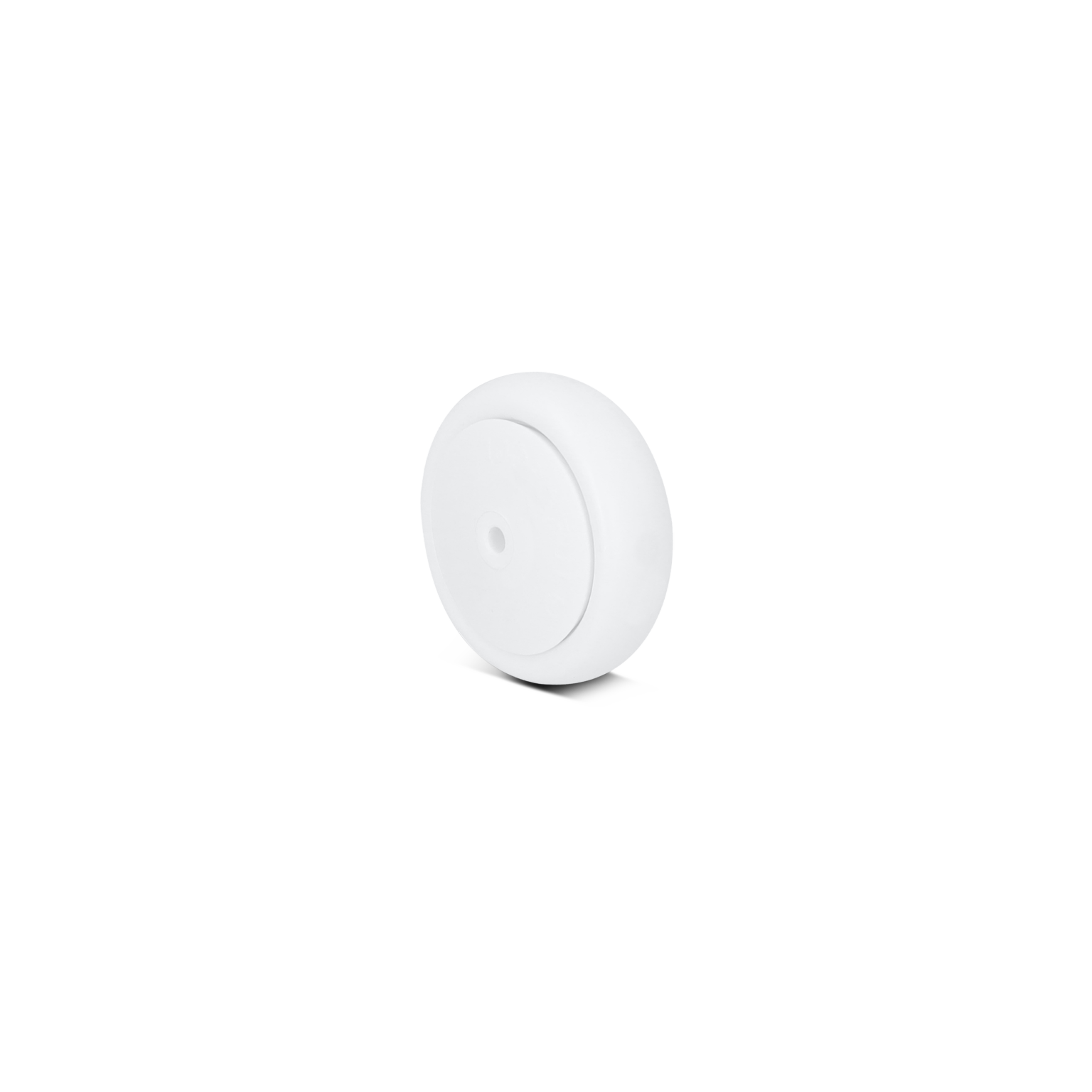 A white industrial wheel is shown, featuring a smooth surface and a central mounting hole. It is positioned slightly angled against a simple background, highlighting its design for material handling applications.