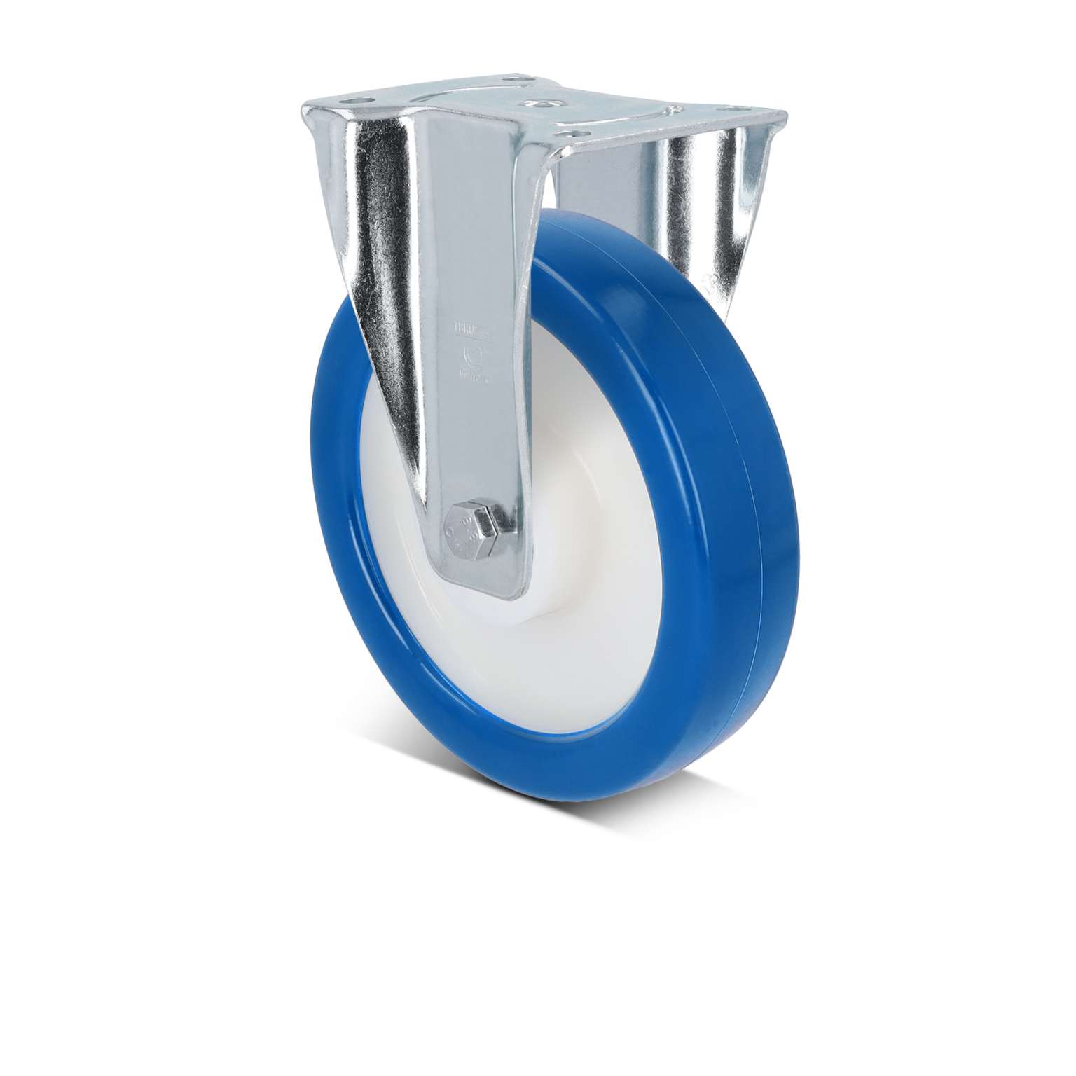 Blauwe industriewiel met een witte kunststof omhulsel en een metalen bevestigingsbeugel. Dit wiel hangt verticaal en is geschikt voor gebruik in transport- en logistieke toepassingen.