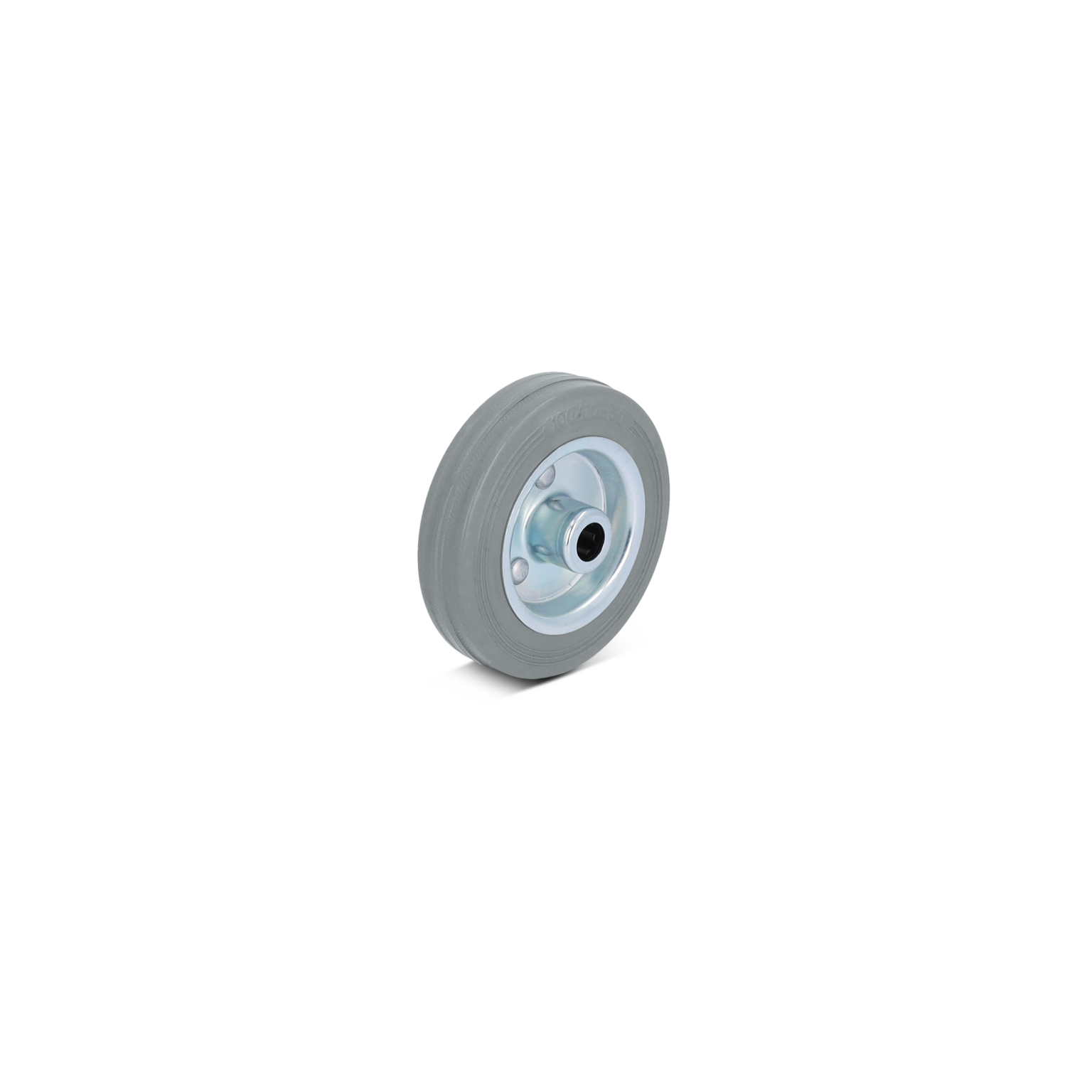 Grijze wiel met een metalen centrale hub, ontworpen voor gebruik in intralogistiek. Het rubberen oppervlak biedt grip, terwijl de aluminium kern stevigheid toevoegt. Achtergrond is neutraal.