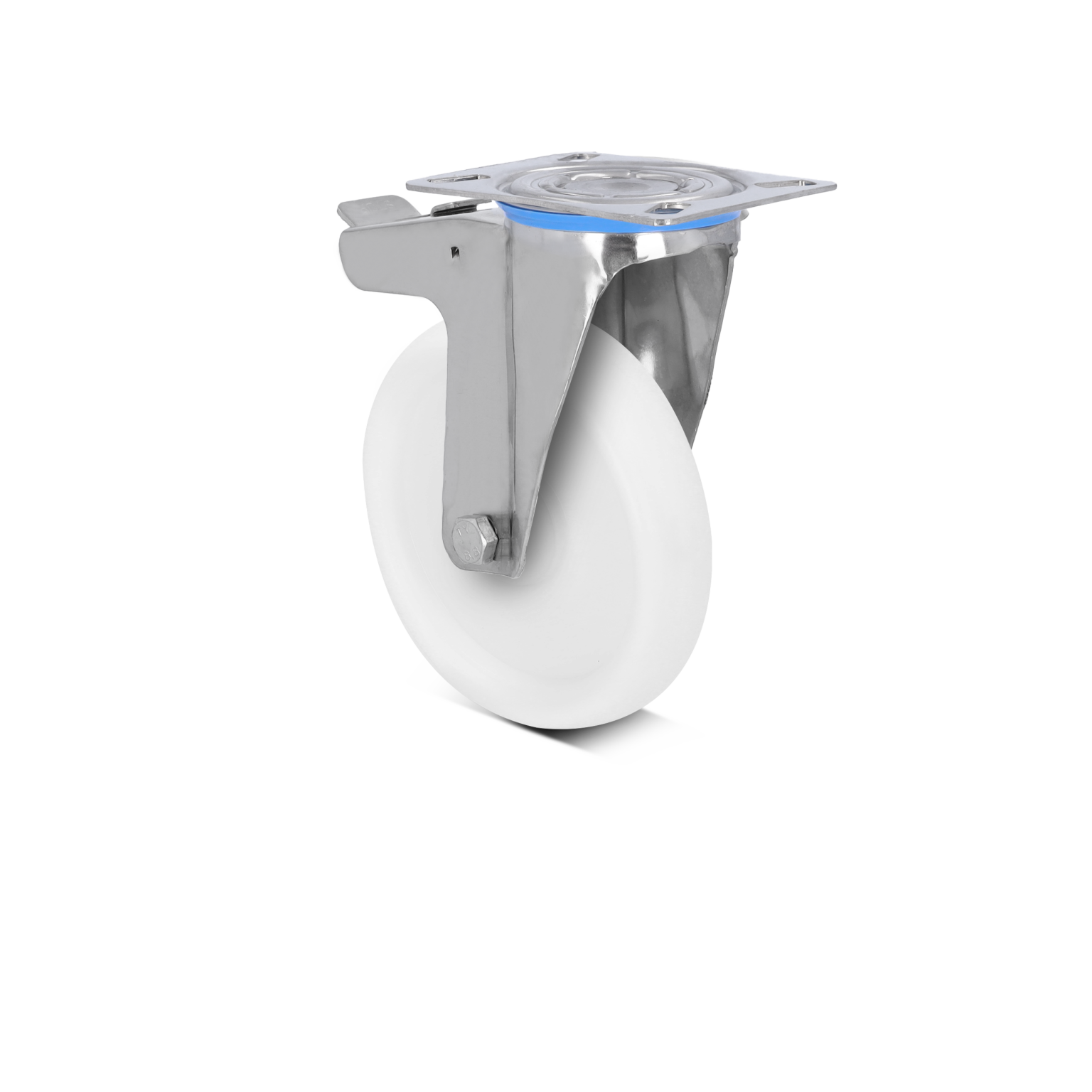 A swivel castor featuring a white wheel attached to a stainless steel mount. The wheel is designed for durable movement, positioned upright against a blank background.