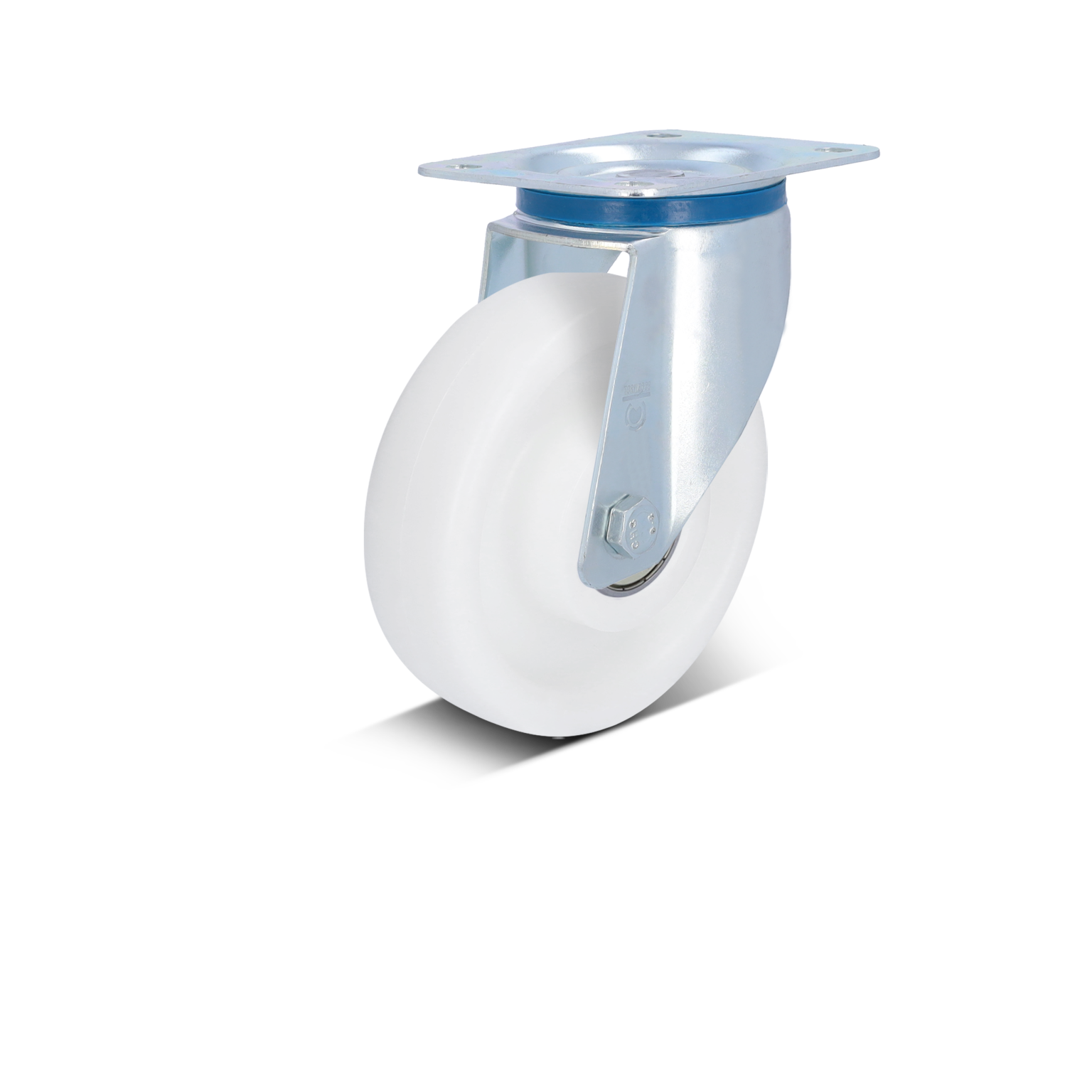A swivel castor features a large white plastic wheel mounted on a sturdy metal bracket. It includes a fixed plate for attachment and indicates a smooth movement suitable for industrial applications.