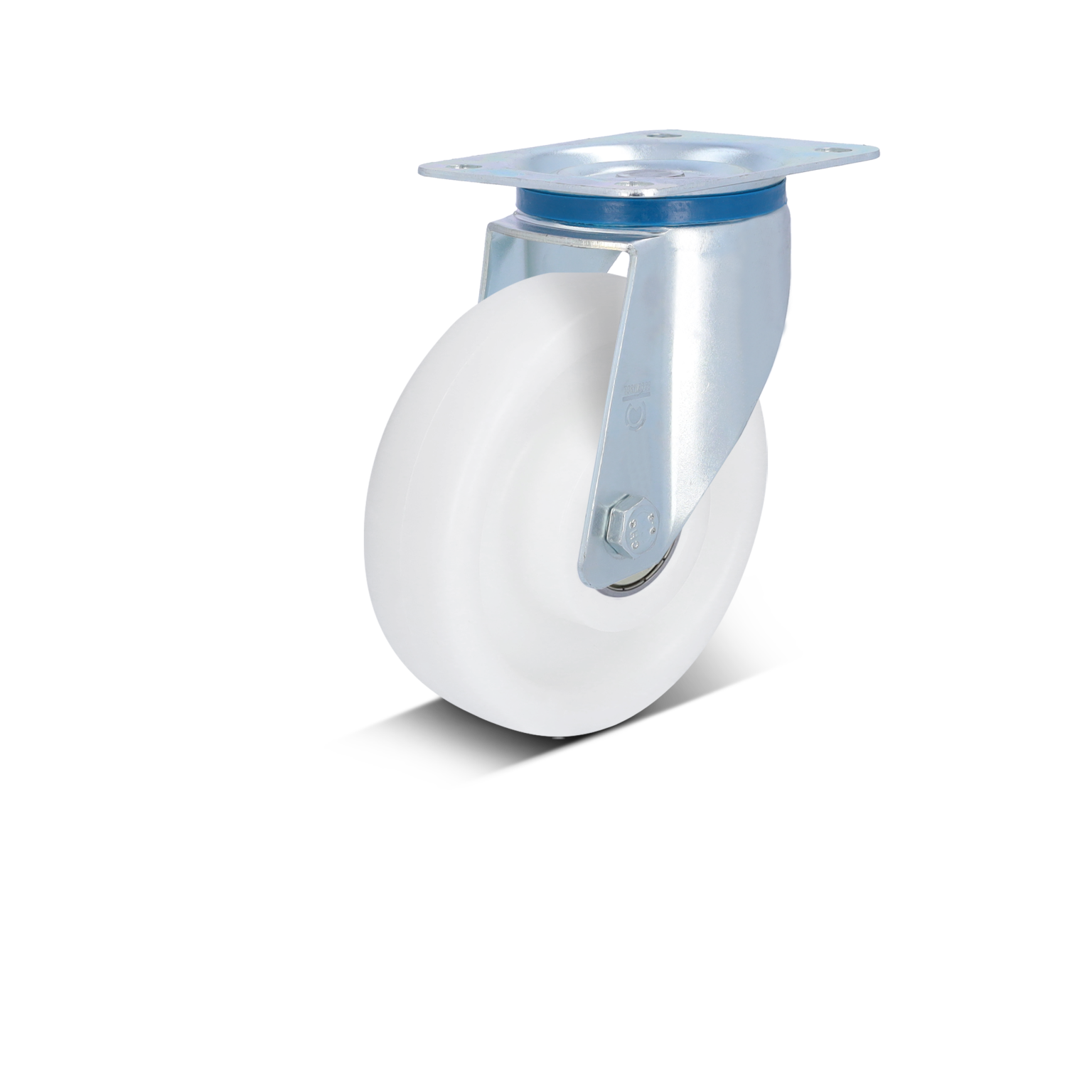 A swivel castor features a large white plastic wheel mounted on a sturdy metal bracket. It includes a fixed plate for attachment and indicates a smooth movement suitable for industrial applications.