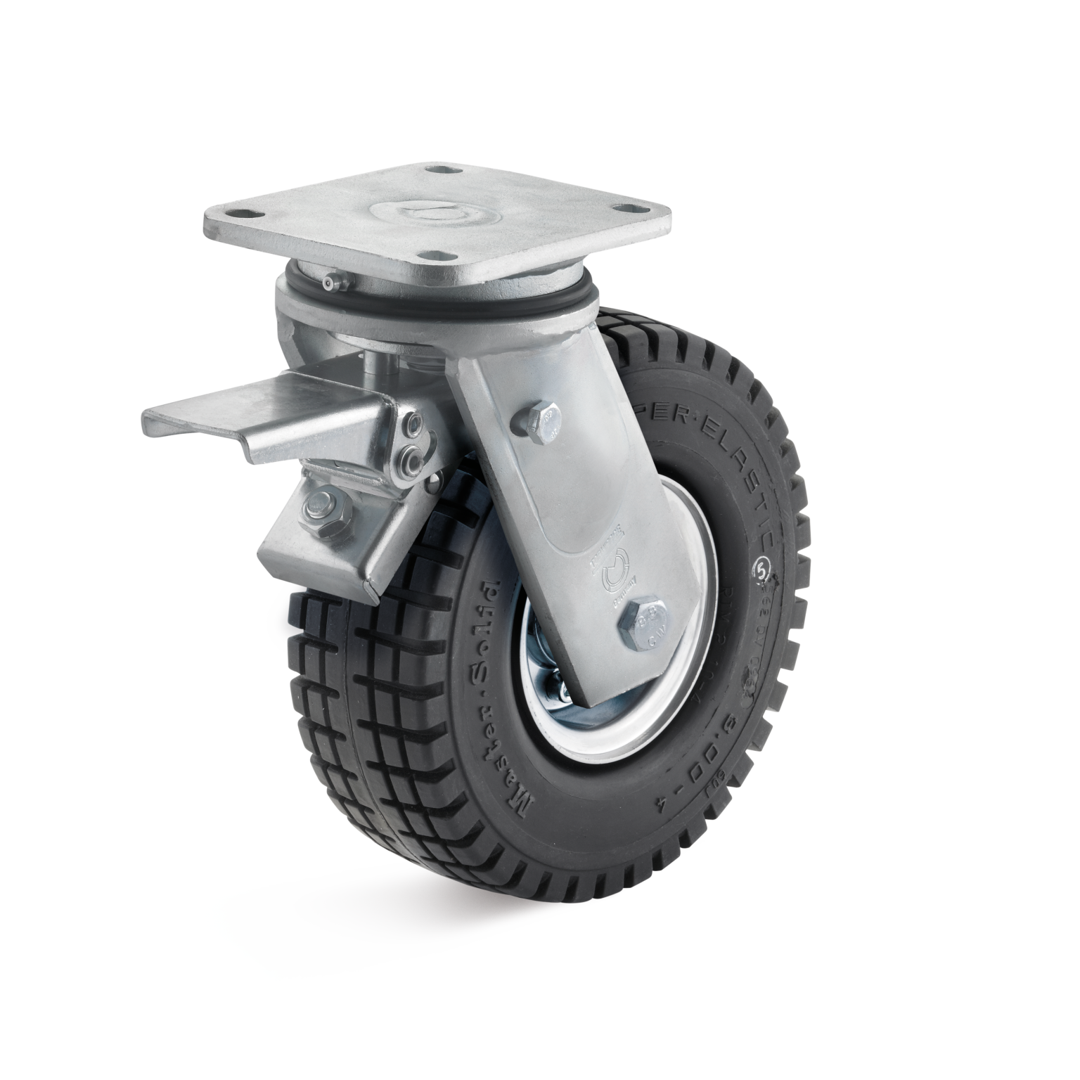 Zwenkwiel met een metalen montageplaat en een rubberen band. De band heeft een profiel voor grip, terwijl de steunen zorgen voor stabiliteit en bewegingsvrijheid. Achtergrond is neutraal en eenvoudig.