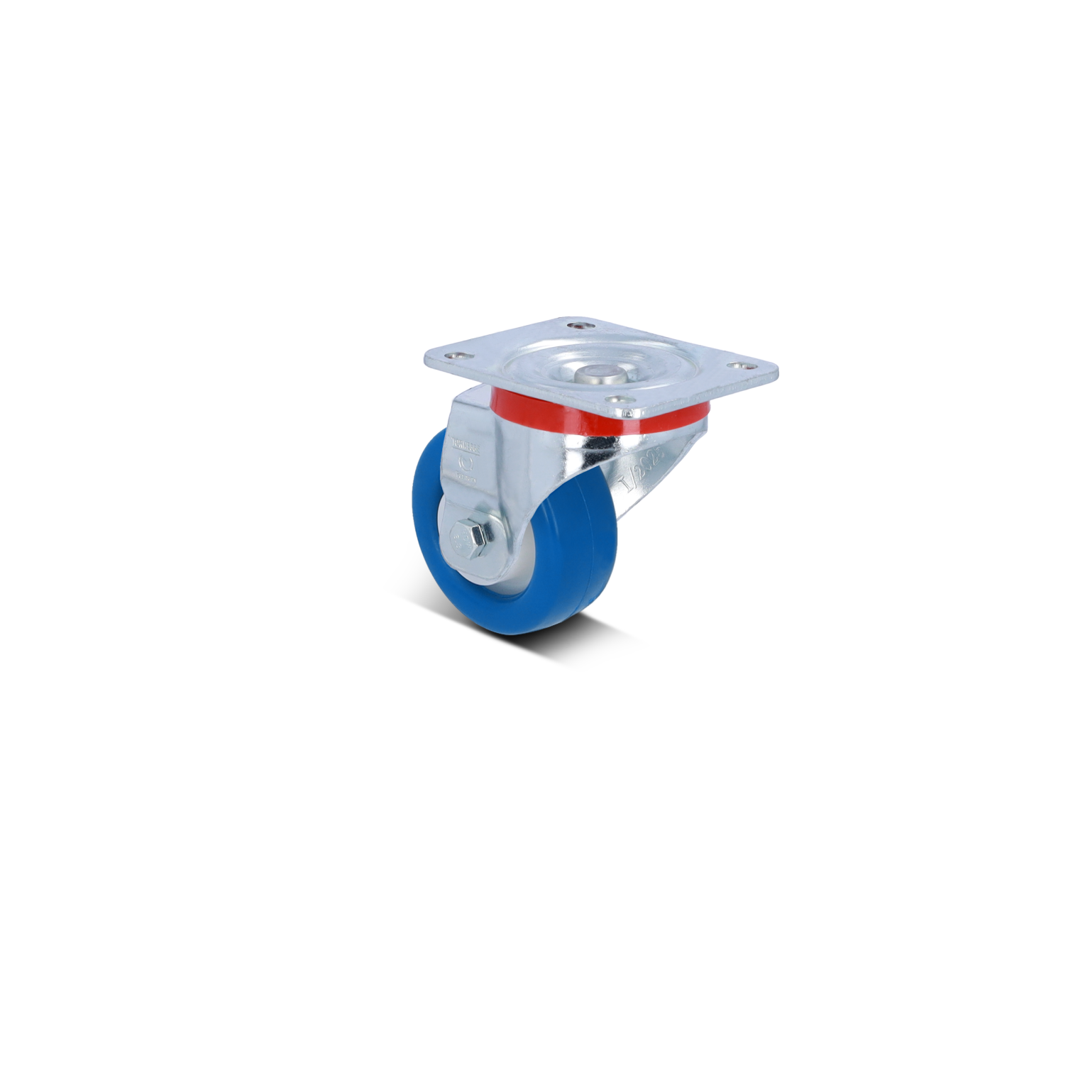 Een metalen zwenkwiel met een blauwe rubberen band. Het heeft een vlakke montageplaat met vier gaten en een glanzend oppervlak. Het is geïsoleerd op een zwarte achtergrond.
