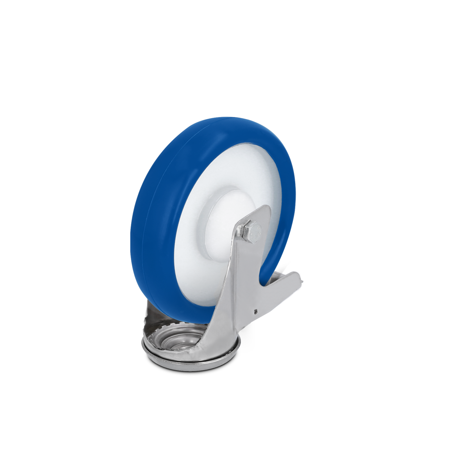 Blauwe wiel met een witte rand, bevestigd aan een metalen montagesteun. Het is ontworpen voor eenvoudig verplaatsen in industriële toepassingen, met een sterke basis voor stabiliteit.