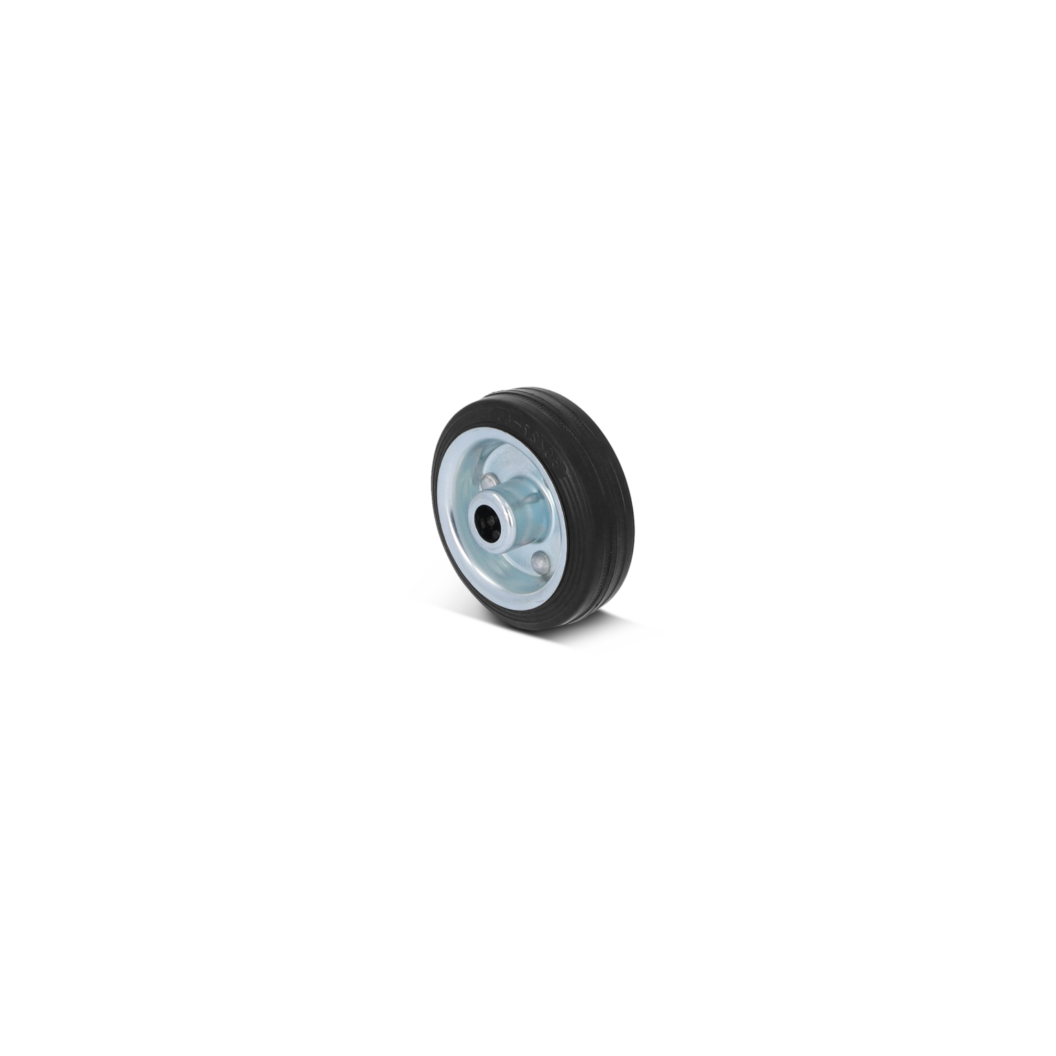 Rubber wiel met een stalen velg, dat staat in een lichte schaduw. Het heeft een centrale asopening en een gladde, zwarte rubberen band voor absorptie en grip in industriële toepassingen.