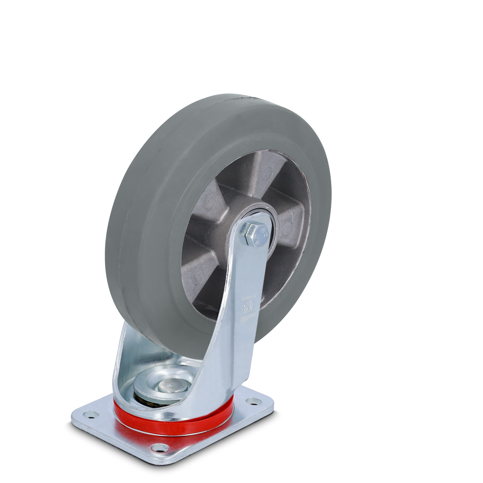 Ein grauer Gummirollensatz mit einem stabilen Aluminiumgehäuse und einer rotierenden Montageplatte ist abgebildet. Der Radkörper hat eine Sternform, und die Basis hat vier Befestigungslöcher.