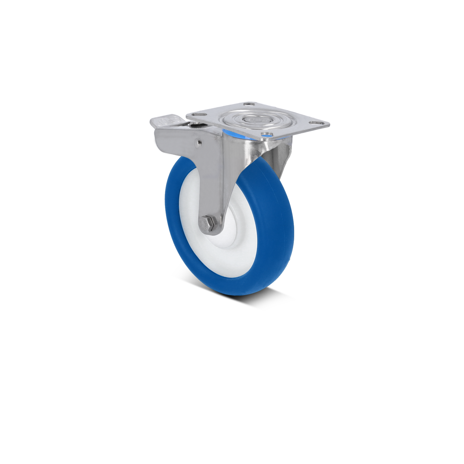 Stalen kastor met een blauw rubberen wiel en een witte binnenring, bevestigd aan een metalen montageloze. De kastor is ontworpen voor gebruik in industriële omgevingen en is functioneel en duurzaam.