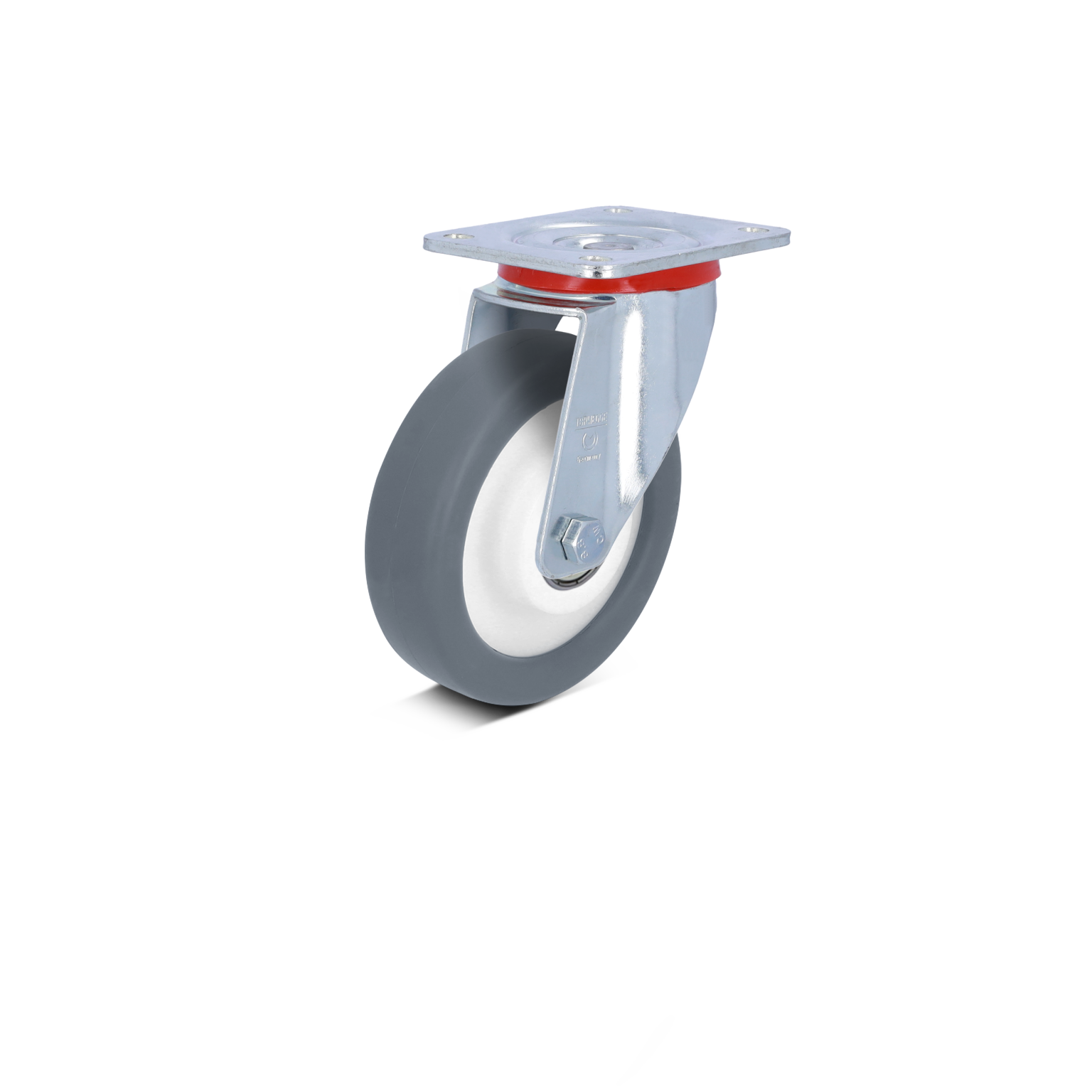 A swivel caster with a gray wheel and a metal mounting plate. The wheel features a hard rubber outer layer surrounded by a white inner core, designed for durable movement in industrial settings.