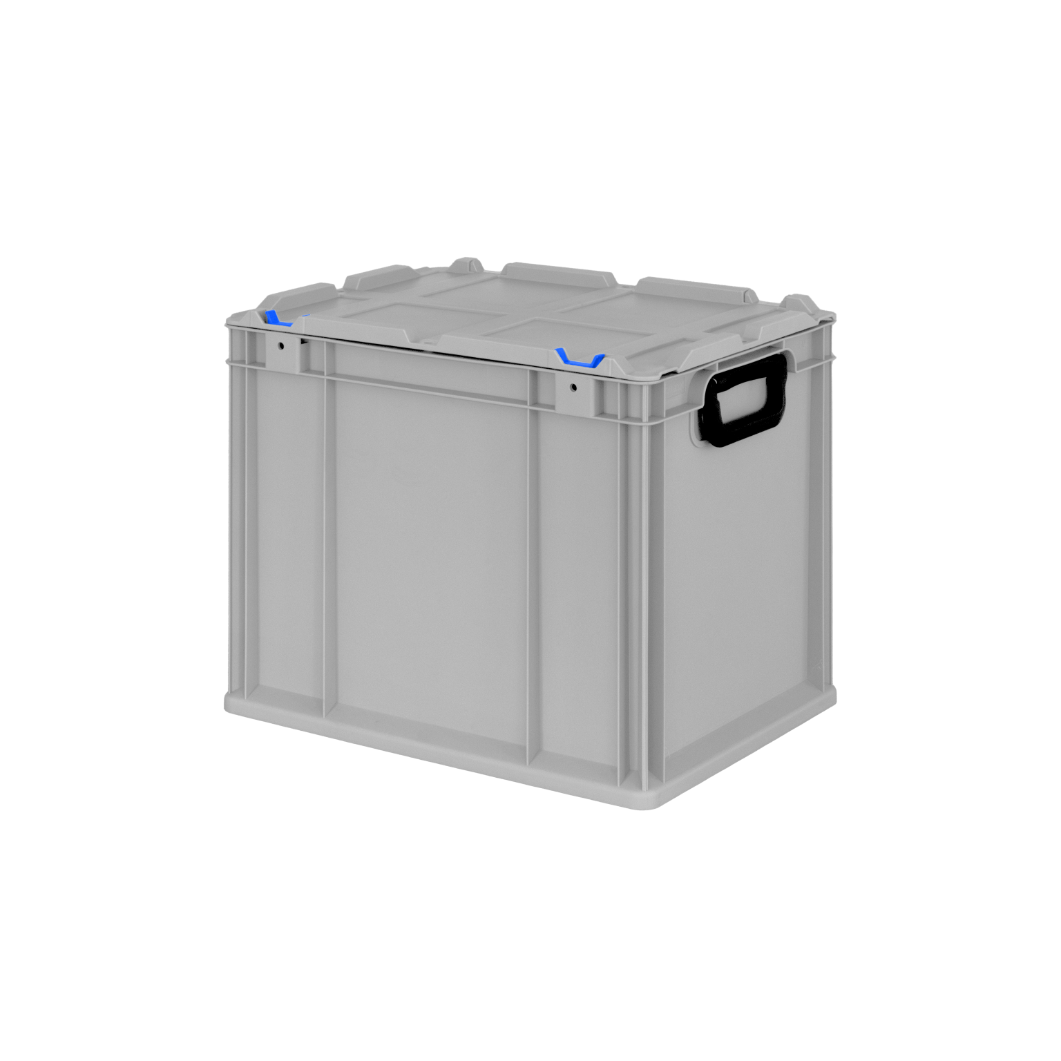 Transparente Kunststoffbox mit stabilen Seitenwänden, blauen Verschlussklemmen und einem schwarzen Griff. Die Box hat einen rechteckigen, geschlossenen Deckel und eignet sich für Lagerung und Transport von Materialien.