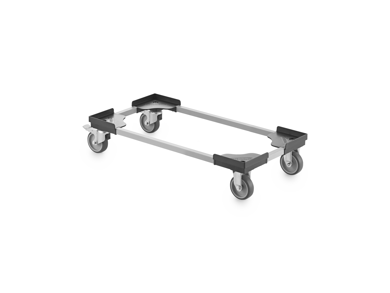 A transport dolly features a rectangular frame with four swivel casters. It is constructed from metal with plastic corners, designed for moving heavy items easily in an industrial setting.