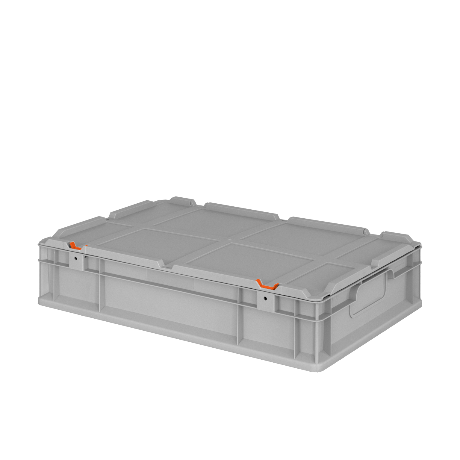 Kunststoffbox, rechteckig mit einem flachen Deckel, grauer Oberfläche und orangefarbenen Clips. Sie steht auf einer neutralen, dunklen Hintergrundfläche und eignet sich für Lagerung und Transport.