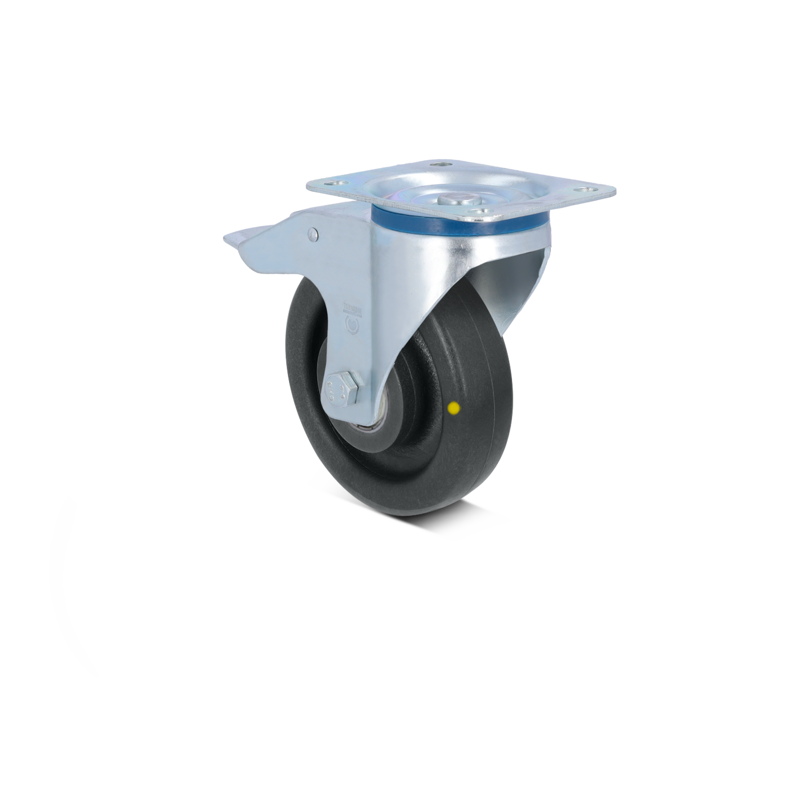 A swivel castor with a black rubber wheel and a metal mounting plate. The castor has a shiny, metallic finish and is designed for attaching to various equipment or furniture. The background is plain.