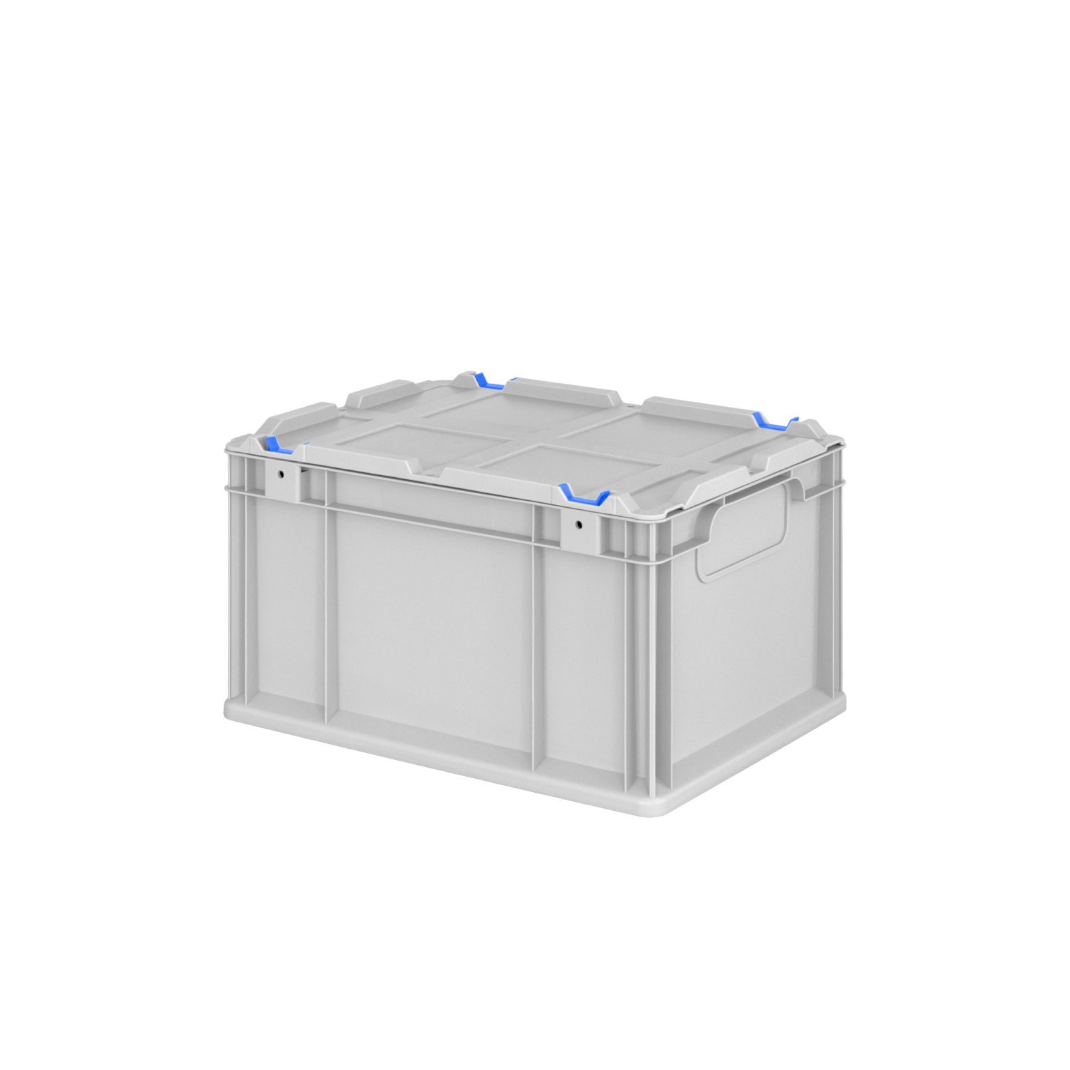 A gray plastic storage box with blue clips on the top edges features side handles for easy lifting. It is positioned against a plain backdrop, highlighting its functionality for organizational needs.