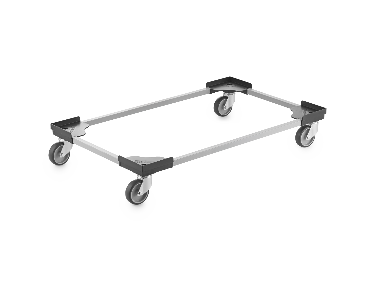 A rectangular transport dolly features four swiveling wheels, mounted on a lightweight frame. The frame consists of metal supports that enhance mobility, suitable for moving heavy objects in industrial settings.