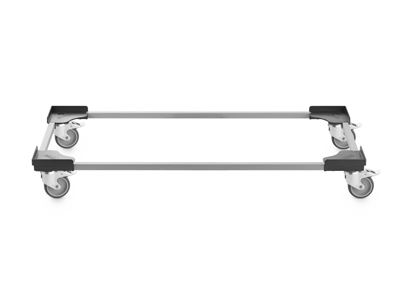 A transport trolley features a rectangular aluminum frame with four swivel castors. It is designed for easy mobility, suitable for handling and transporting materials in industrial settings.