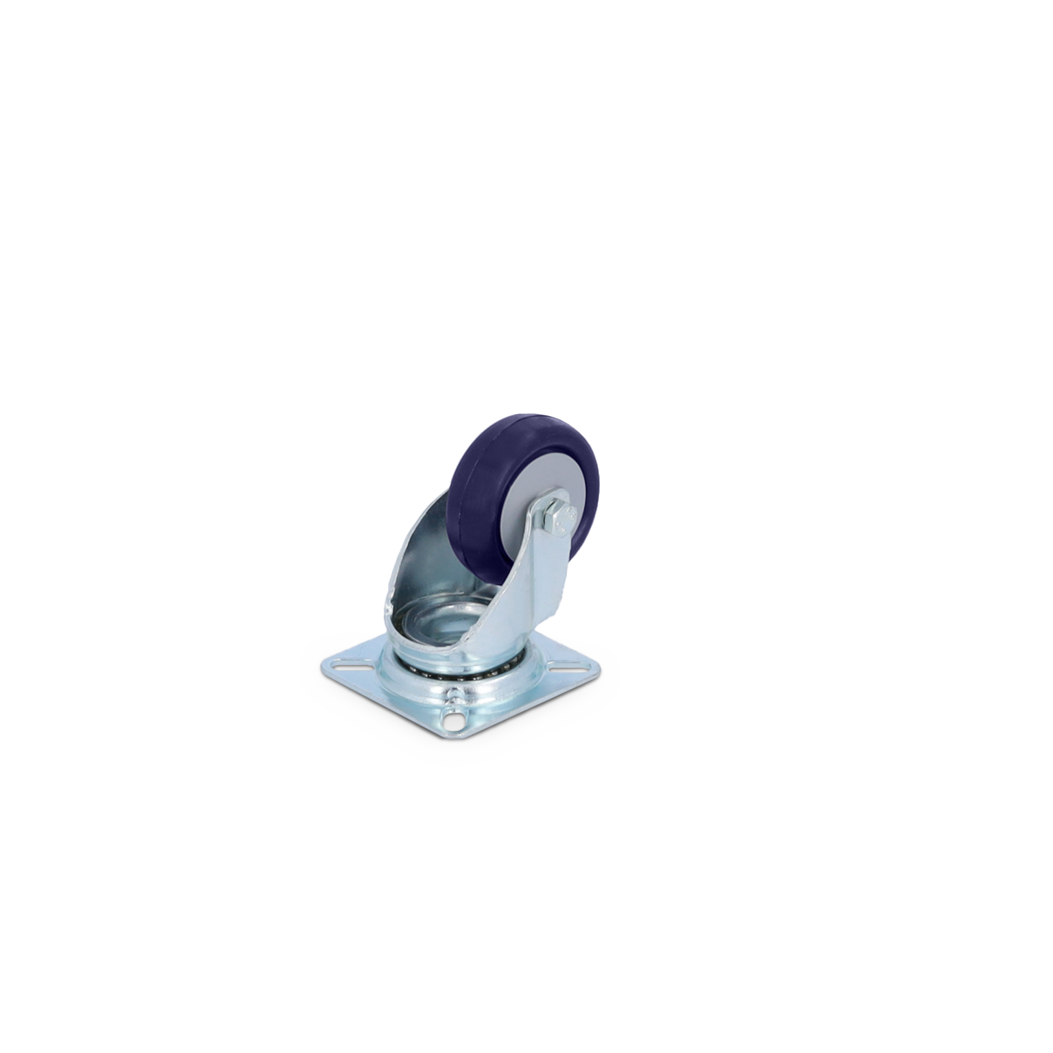 A swivel castor features a blue and white wheel mounted on a shiny metal base with a square plate for attachment. It is designed for easy movement in various applications.