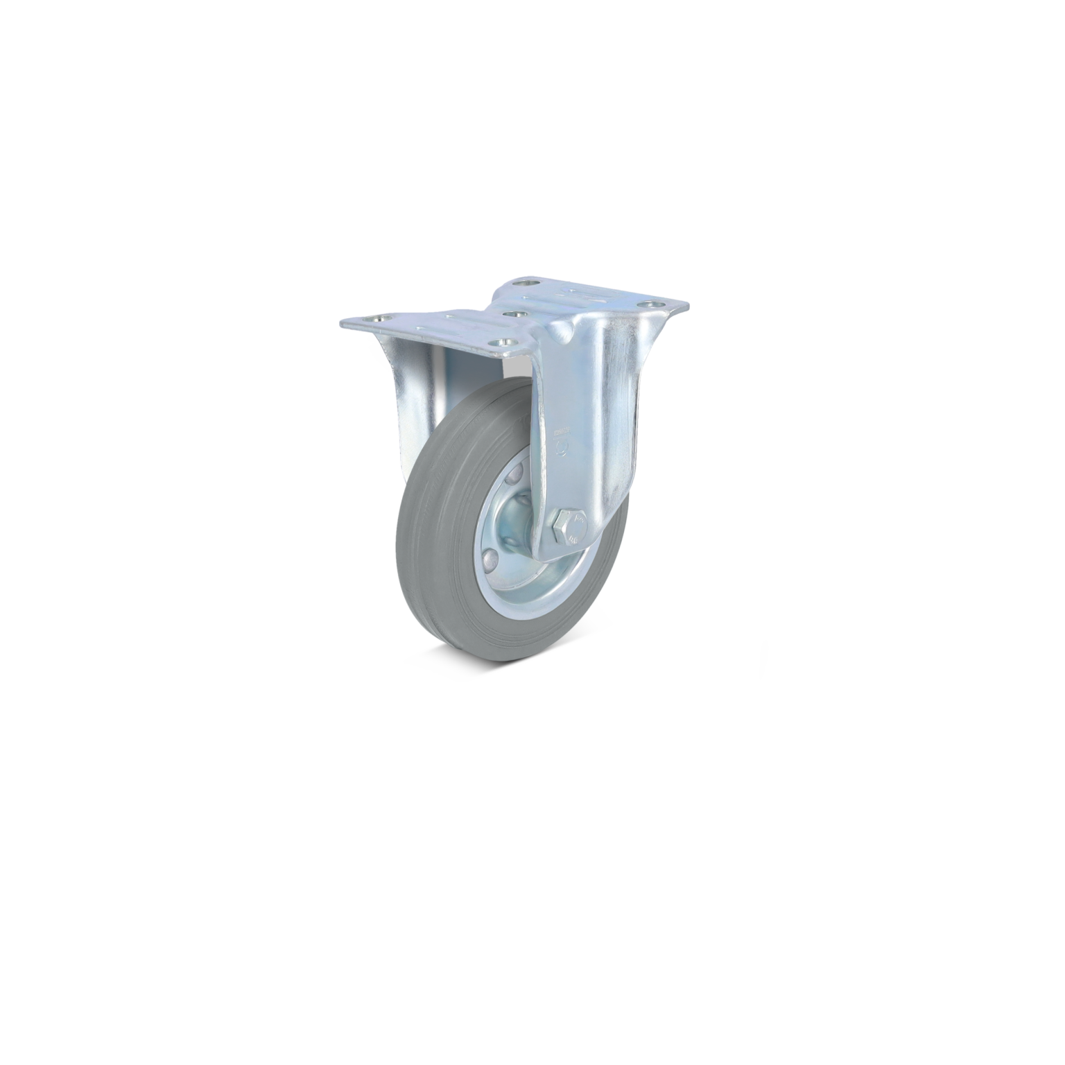 A swivel castor with a gray rubber wheel and a silver metal mounting plate, showcasing a single wheel design suitable for industrial applications. The background is plain.