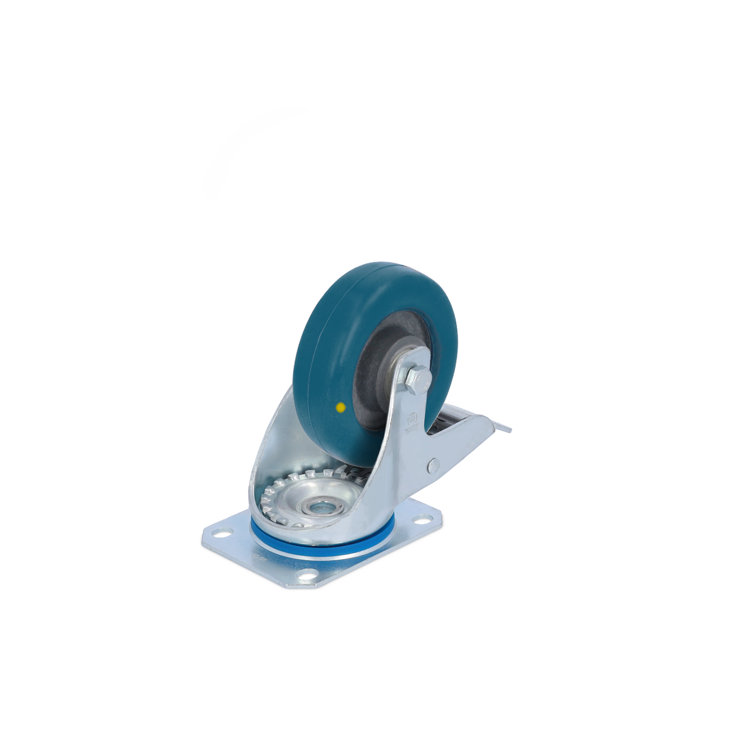 A blue industrial wheel mounted on a metallic swivel bracket features a silver base plate for secure installation. The wheel is designed for mobility in material handling applications.