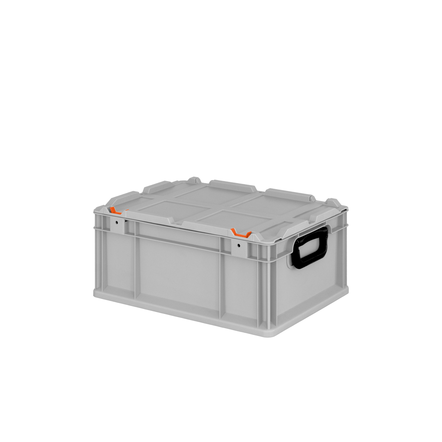Ein grauer Kunststoffbehälter mit einem flachen Deckel, seitlichen Handgriffen und orangefarbenen Verriegelungen. Der Behälter steht auf einer neutralen, dunklen Fläche.