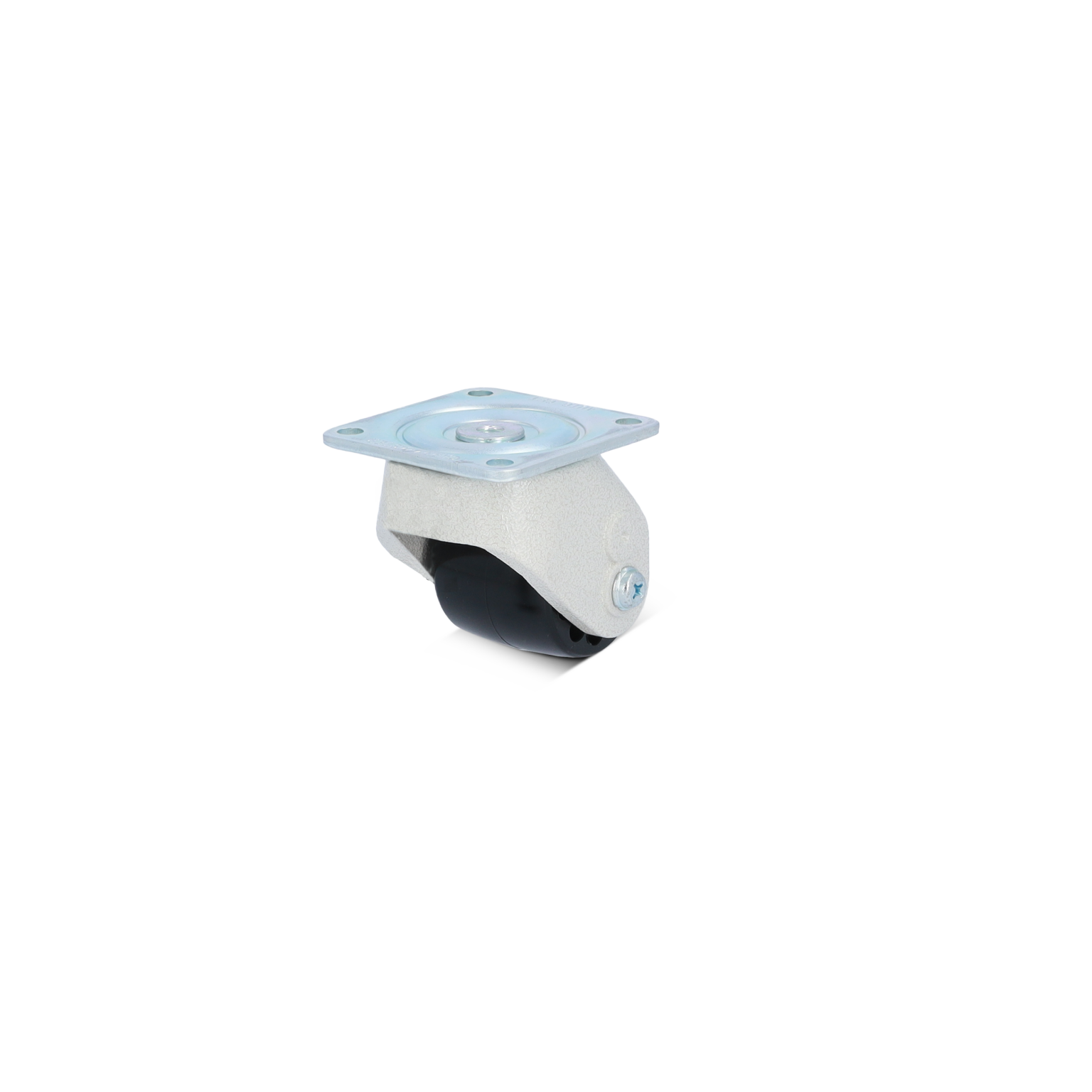 Een grijze zwenkwiel met een metalen montageplaat. Het wiel is zwart en is bevestigd aan een lichtgrijze behuizing. De omgeving is neutraal en minimalistisch.