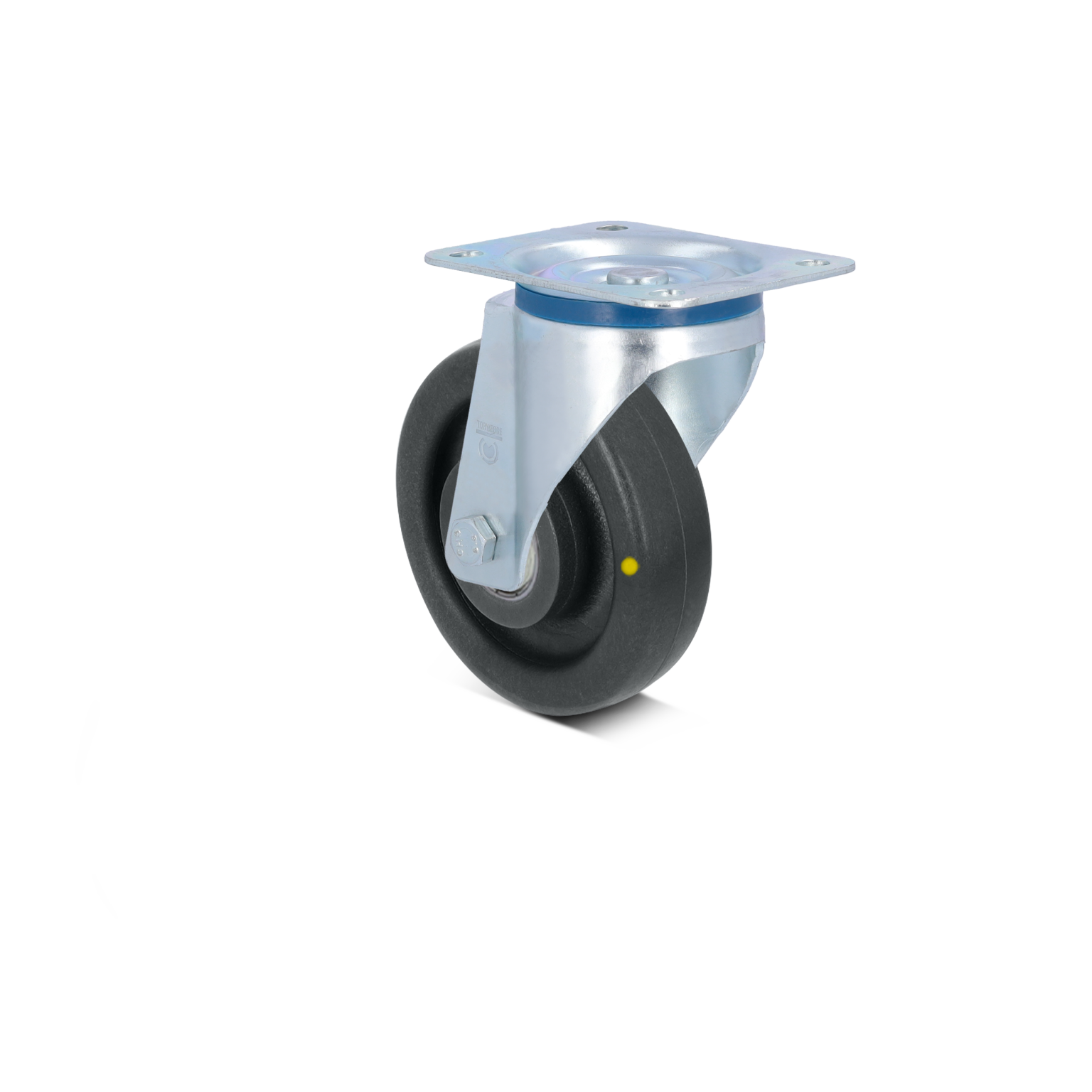 Zwenkwiel met een zwarte rubberen band en een metalen montageplaat. Het wiel is glanzend en wordt gekenmerkt door een kunststof inzetstuk. De achtergrond is neutraal en zorgt voor een duidelijke focus op het wiel.