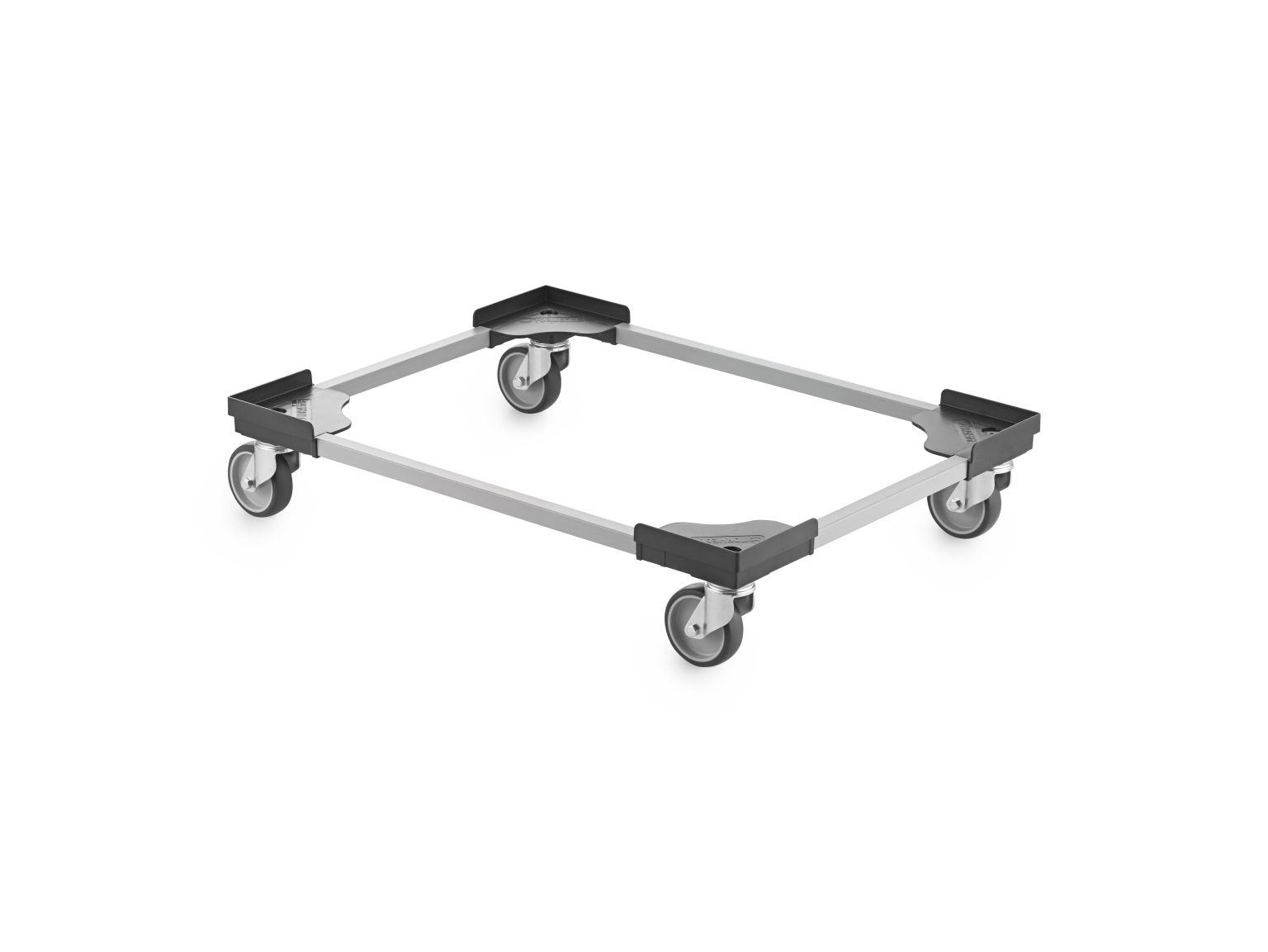 A transport trolley frame is shown, featuring a rectangular metal structure with four swivel wheels at each corner. The trolley is positioned at an angle against a plain background.